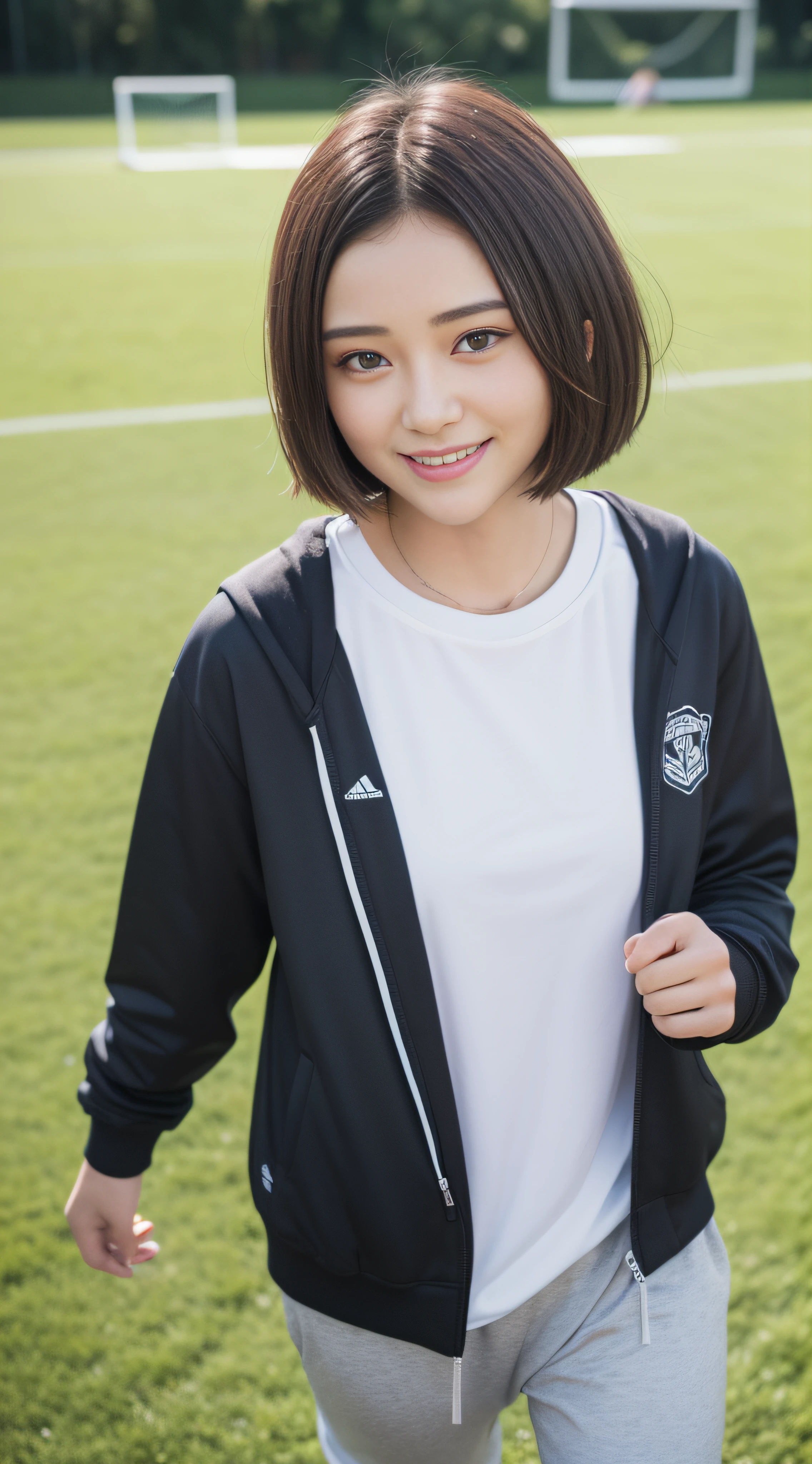 (8K、Raw photography、top-quality、masterpiece:1.2)、(realisitic、realisitic:1.37)、超A high resolution、photon maping、Physically Based Rendering、1girl in、(brunette:1.3)、long legged、A detailed face、A detailed eye、is standing、Look at viewers、(Light Smile Cute:1.2)、(Happiness)、Healing cute、(Soccer Field:1.2)、(early evening:1.2)、sweat pant、Open Sports Jacket、white t-shirts