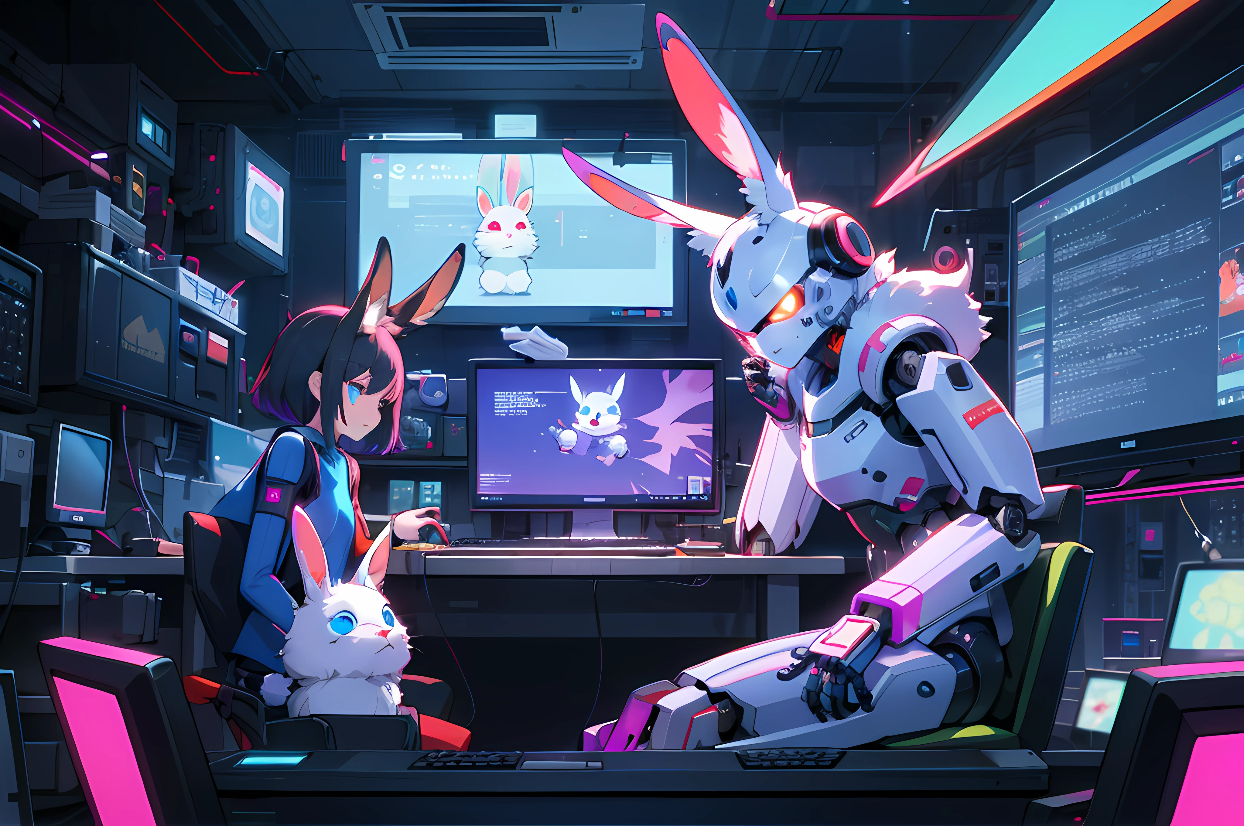 (blame! style abandoned tech landscape), (Zen, Amy Sol style), (((beats to relax/study to))), (((Lofi anthro kemono blue-furred rabbit girl in power armor sitting in metal chair behind computer terminal, behind giant glass terminal screen, beats to relax/study to))), (((blue kemono beastars furry rabbit anime hacker with small soft furry paws))), (((suspended glass cyberpunk computer terminals with robot rabbit in background))), ((glowing cyberdeck screens)), (underground, dark, foggy, perilous, abandoned dystopian apartment bedroom, deep windows), (abstract anthro rabbit figure wearing bunny ears), cover art with light abstraction, abstract, simple vector art, contemporary Cybernetic art, color gradients, soft color palettes, layered forms, whimsical animation, style Ethereal abstract, 4K, --v6