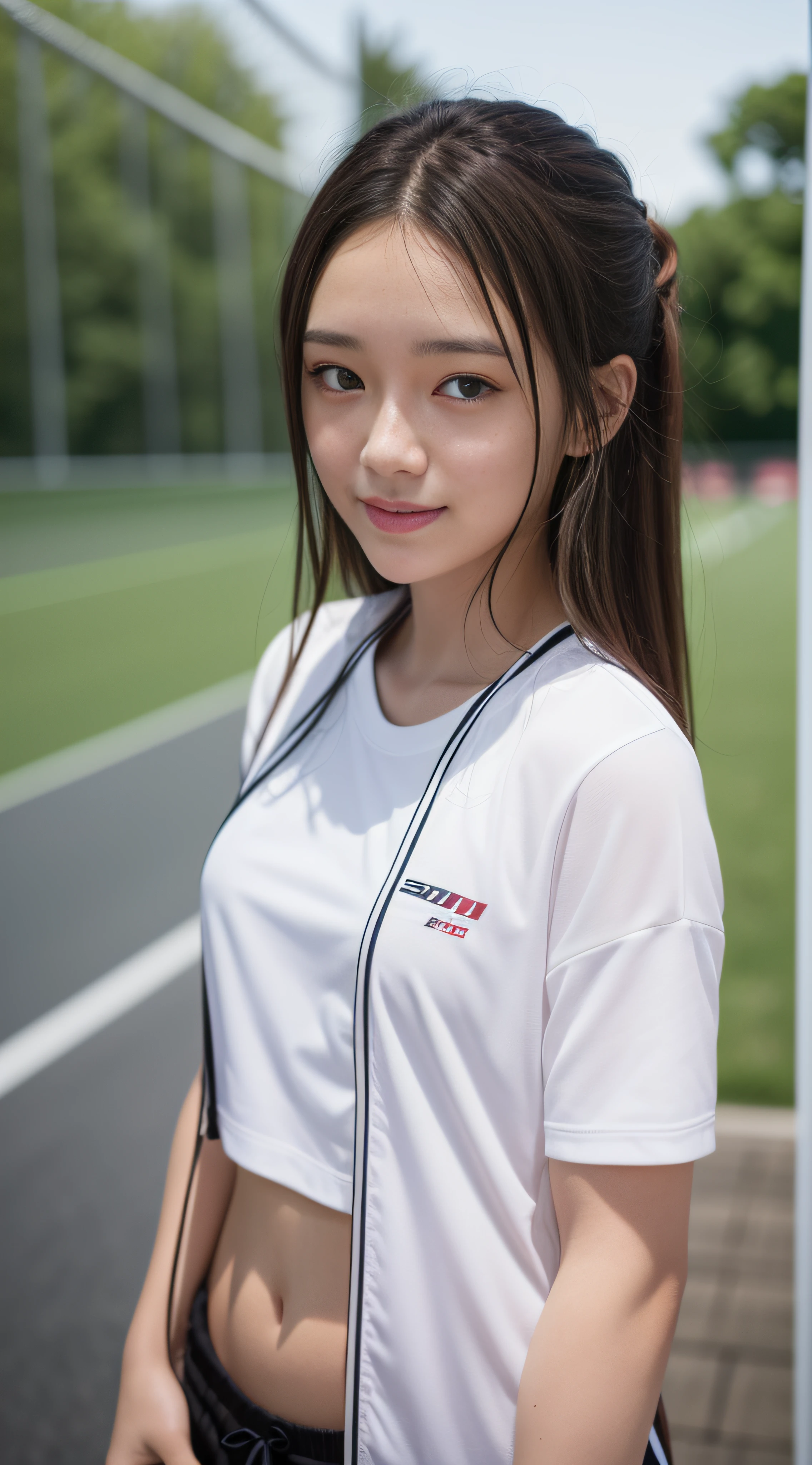 (8K、Raw photography、top-quality、​masterpiece:1.2)、(realisitic、realisitic:1.37)、超A high resolution、photon maping、Physically Based Rendering、1girl in、(brunette:1.3)、long legged、A detailed face、A detailed eye、is standing、Look at viewers、(Light Smile Cute:1.2)、(Happiness)、Healing cute、(Soccer Field:1.2)、(early evening:1.2)、sweat pant、Open Sports Jacket、white t-shirts