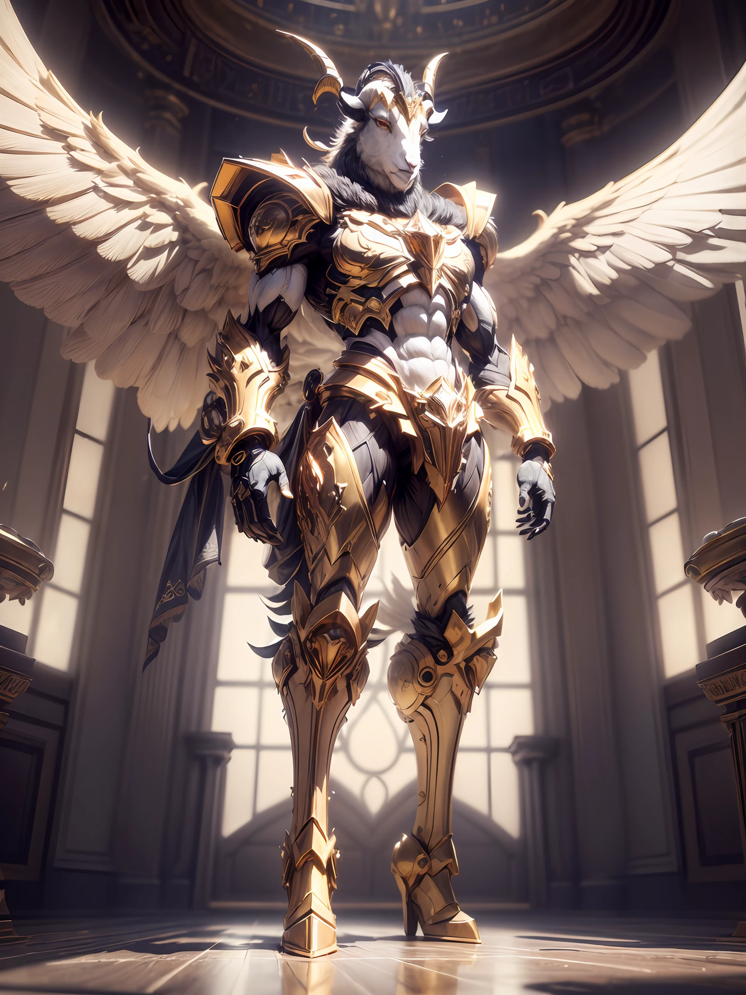 (anthropomorphism:1.5),(Full Body Shot), 1 gold goat mecha(Mechanical style gold goat head, Exquisite Helmet:1.2, muscular limbs, muscular body, Unfold wings made of gold:1.2), Standing on two legs, nobody,  Dreamy Glow,clean,white background, ( Global illumination, raytracing, HDR, unreal render,reasonable design, high detailed, masterpiece, best quality, UHD, Cinematic Lighting)