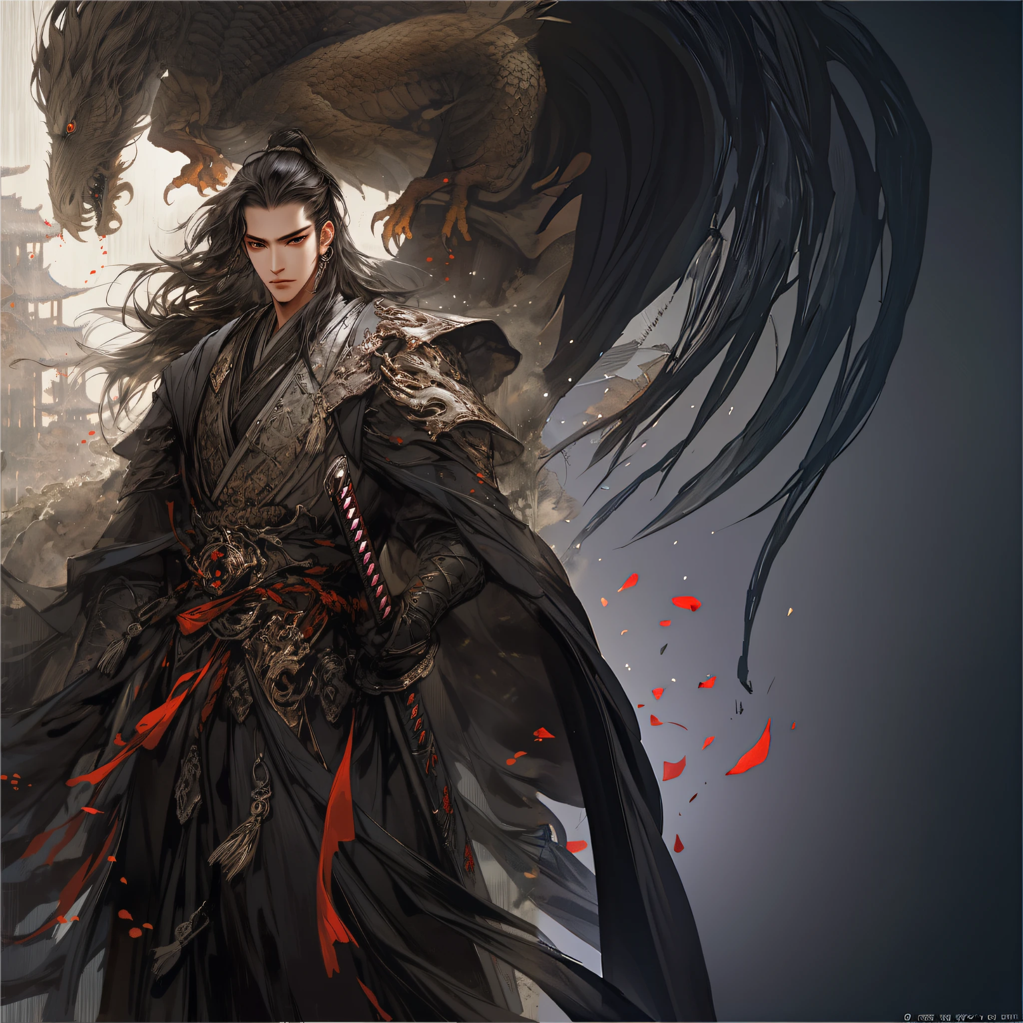 Alavid image of a man in a black robe,On the shoulder carries a dragon, by Yang J, full-body wuxia, G Liulian art style, handsome guy in demon killer art, beautiful male god of death, chengwei pan on artstation, epic exquisite character art, inspired by Hong Ren, Stunning character art, author:Yang Jin