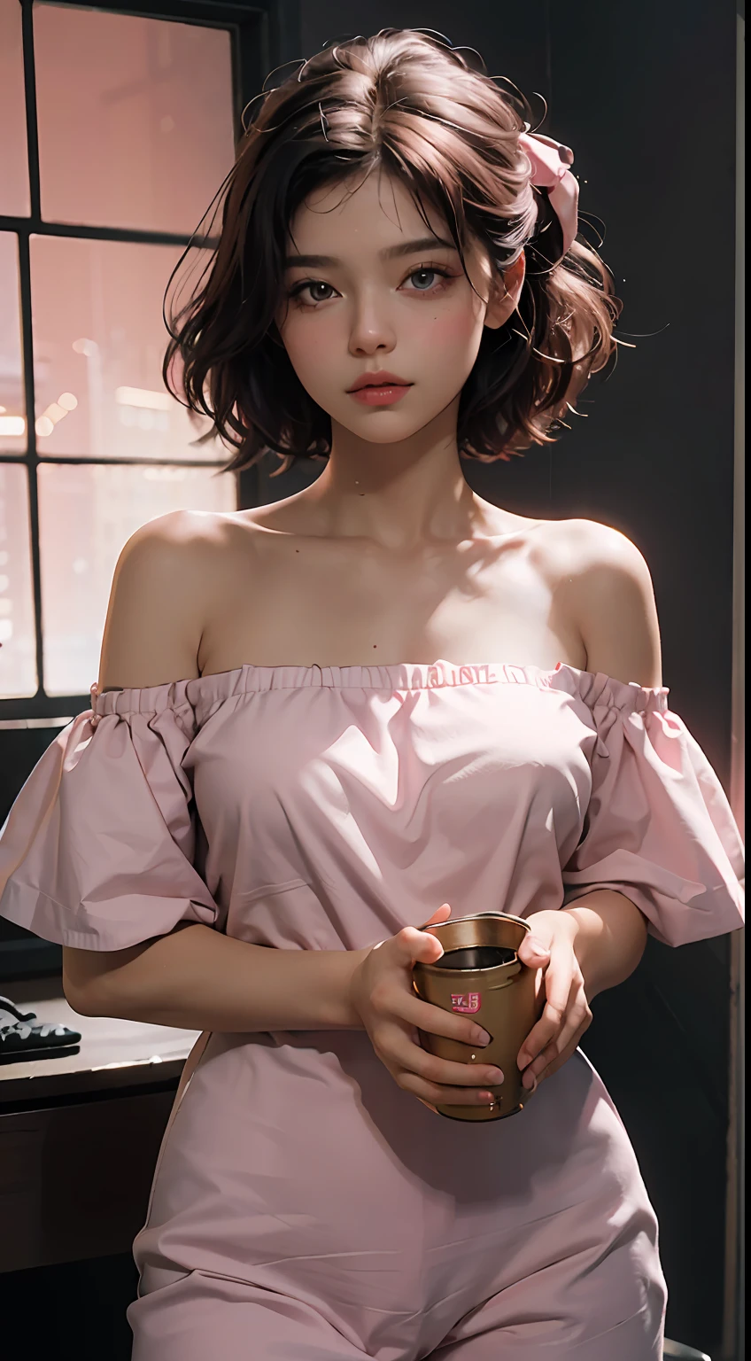 Best Quality, Masterpiece, Ultra High Resolution, (Realisticity: 1.4), Original Photo, 1girl, Pink Off-the-Shoulder, Cinematic Lighting