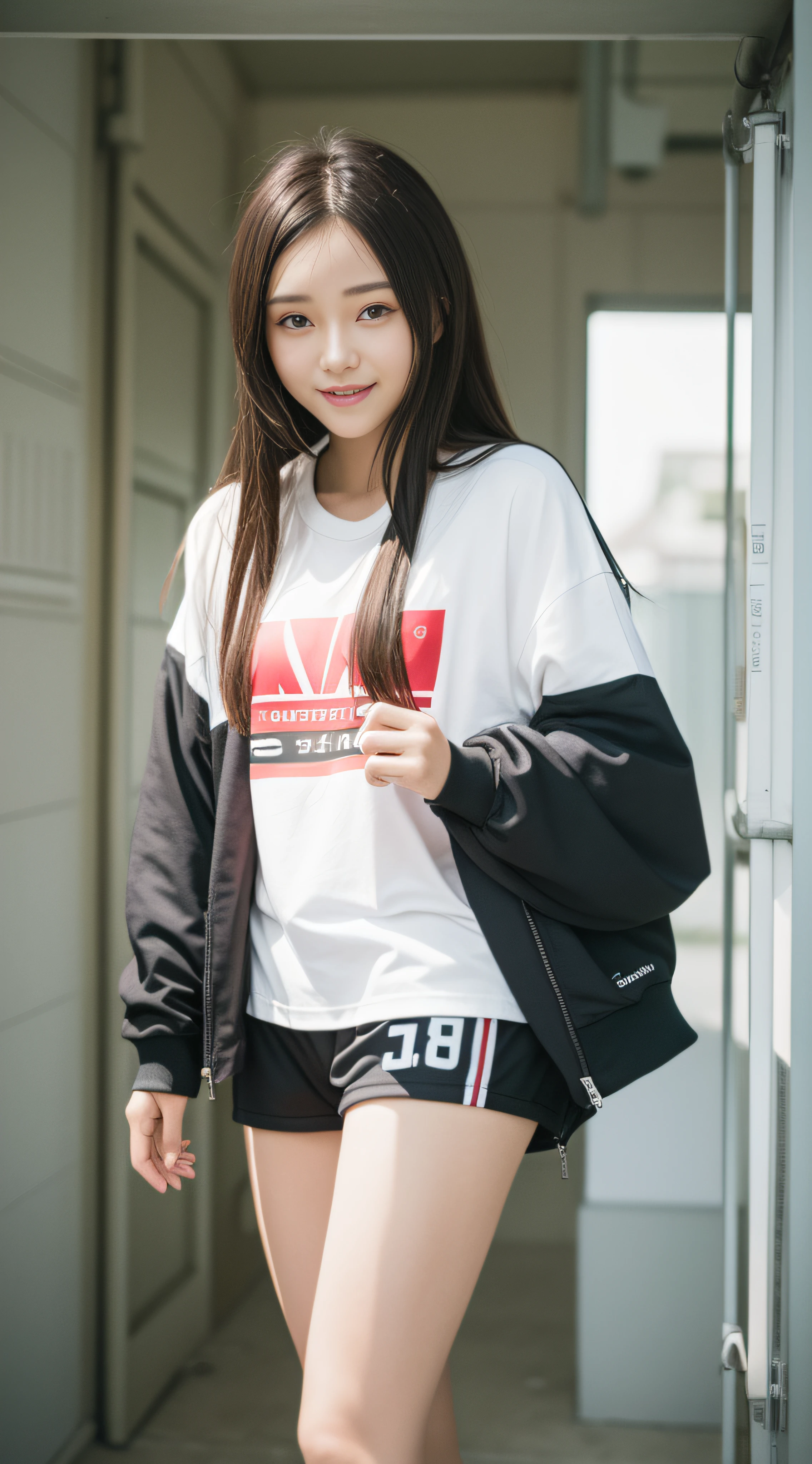 (8K、Raw photography、top-quality、masterpiece:1.2)、(realisitic、realisitic:1.37)、超A high resolution、photon maping、Physically Based Rendering、1girl in、(brunette:1.3)、long legged、A detailed face、A detailed eye、is standing、Look at viewers、(Light Smile Cute:1.2)、(Happiness)、Healing cute、(Soccer Field:1.2)、(early evening:1.2)、sweat pant、Open Sports Jacket、white t-shirts