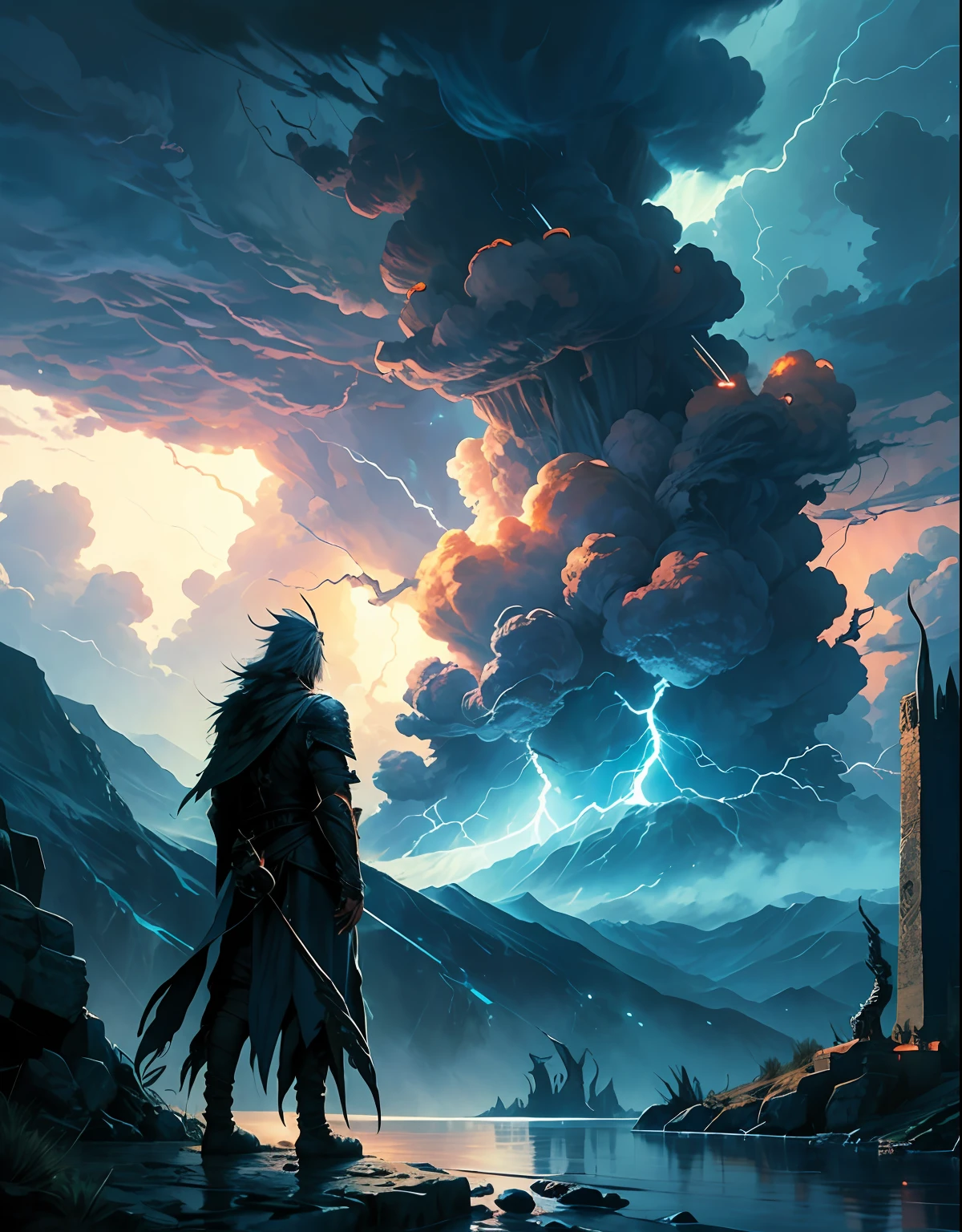 a highfantasy city, scenery, environment image, natural dark fantasy landscape, darkness, a fierce storm, thunder, lightning illuminating, landscape