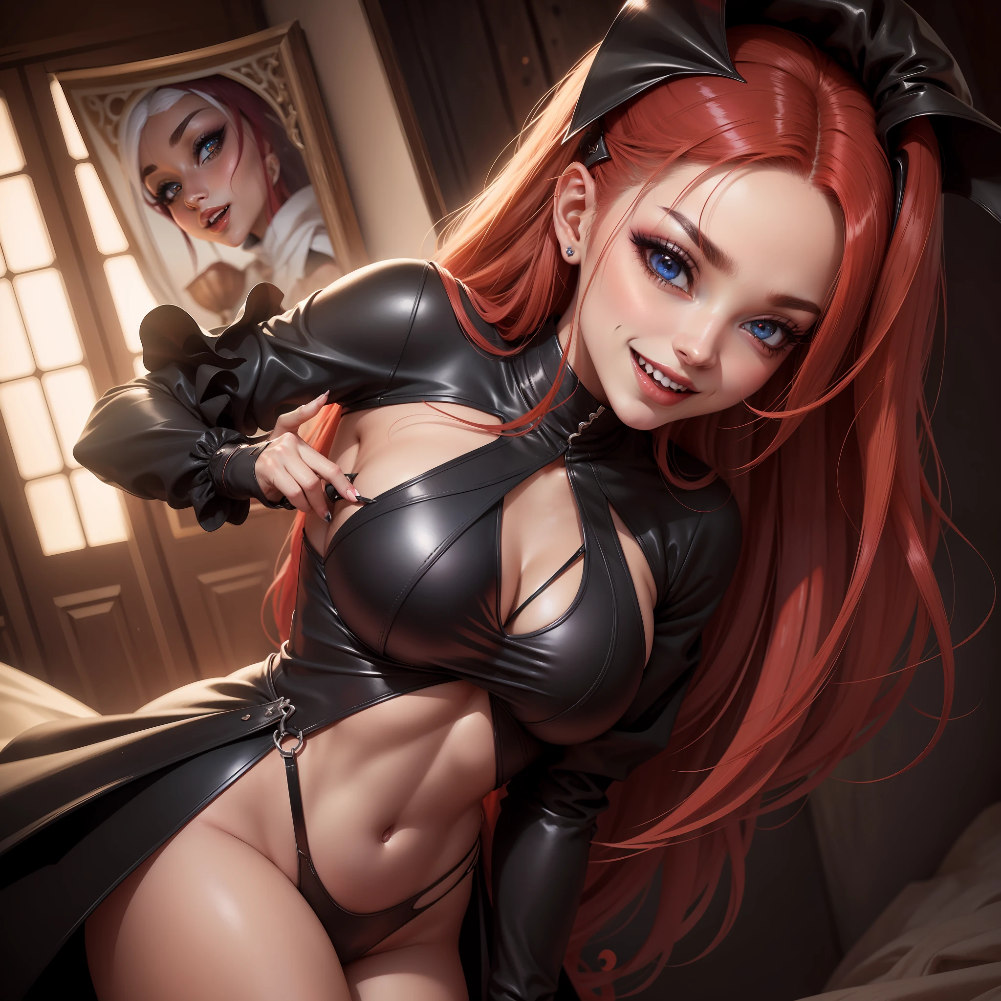 Elfa de orelha pontuda, olhos e cabelos vermelhos intensos, sorriso de vampiro, extremamente sexy , pele perfeita, cinematic anime, super detalhado, luzes difusas,