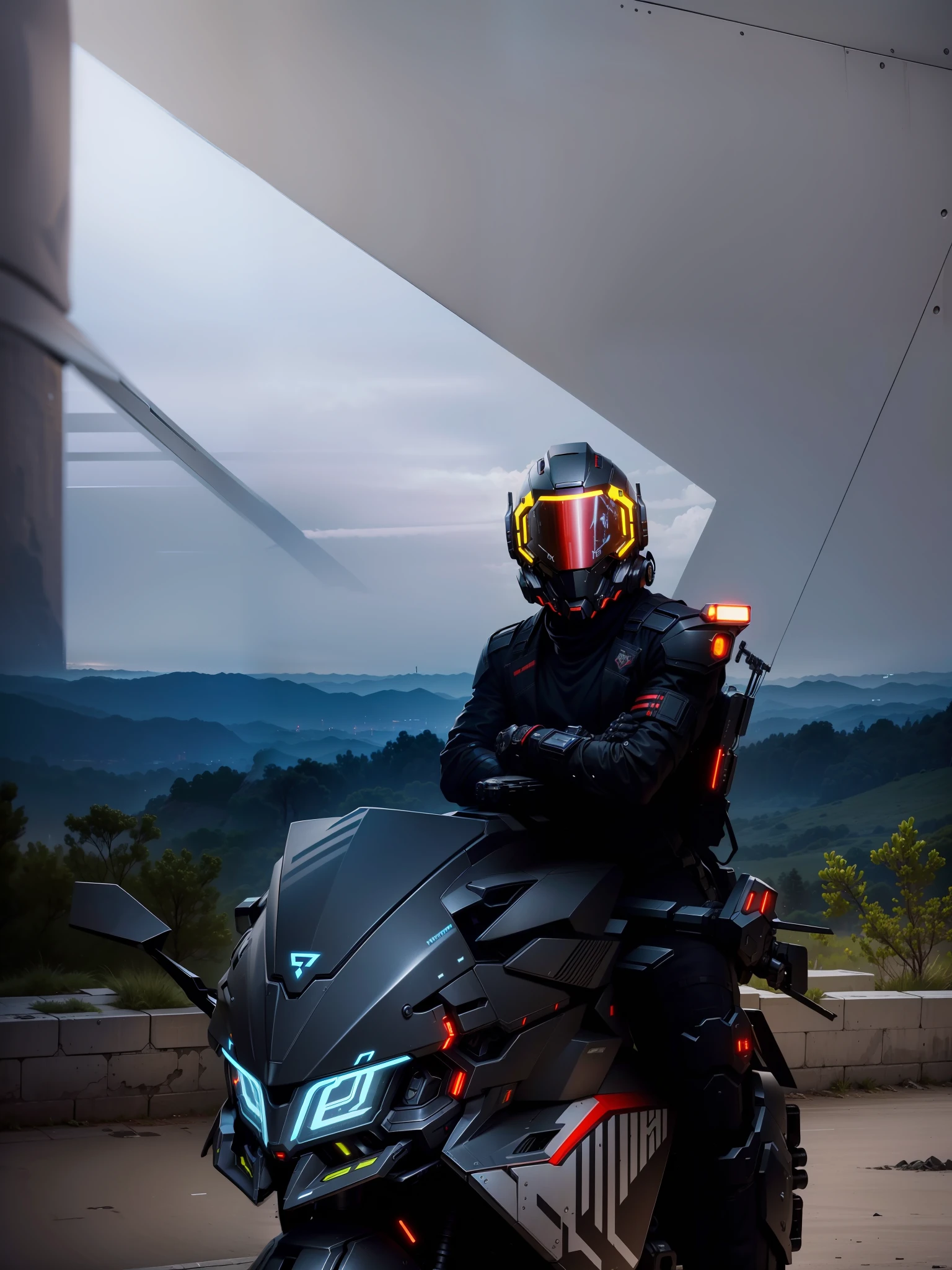 Handsome cyberpunk mech warrior,Black cyberpunk mech costume,High-tech black full enveloping helmet,Biomechanicals, MSHN Robot Man,High-tech helmet,hyper realisitc, Steel, Complex design, insanely details, finely detailled, Extremely clear lines, cinmatic lighting, photograph realistic, A detailed masterpiece