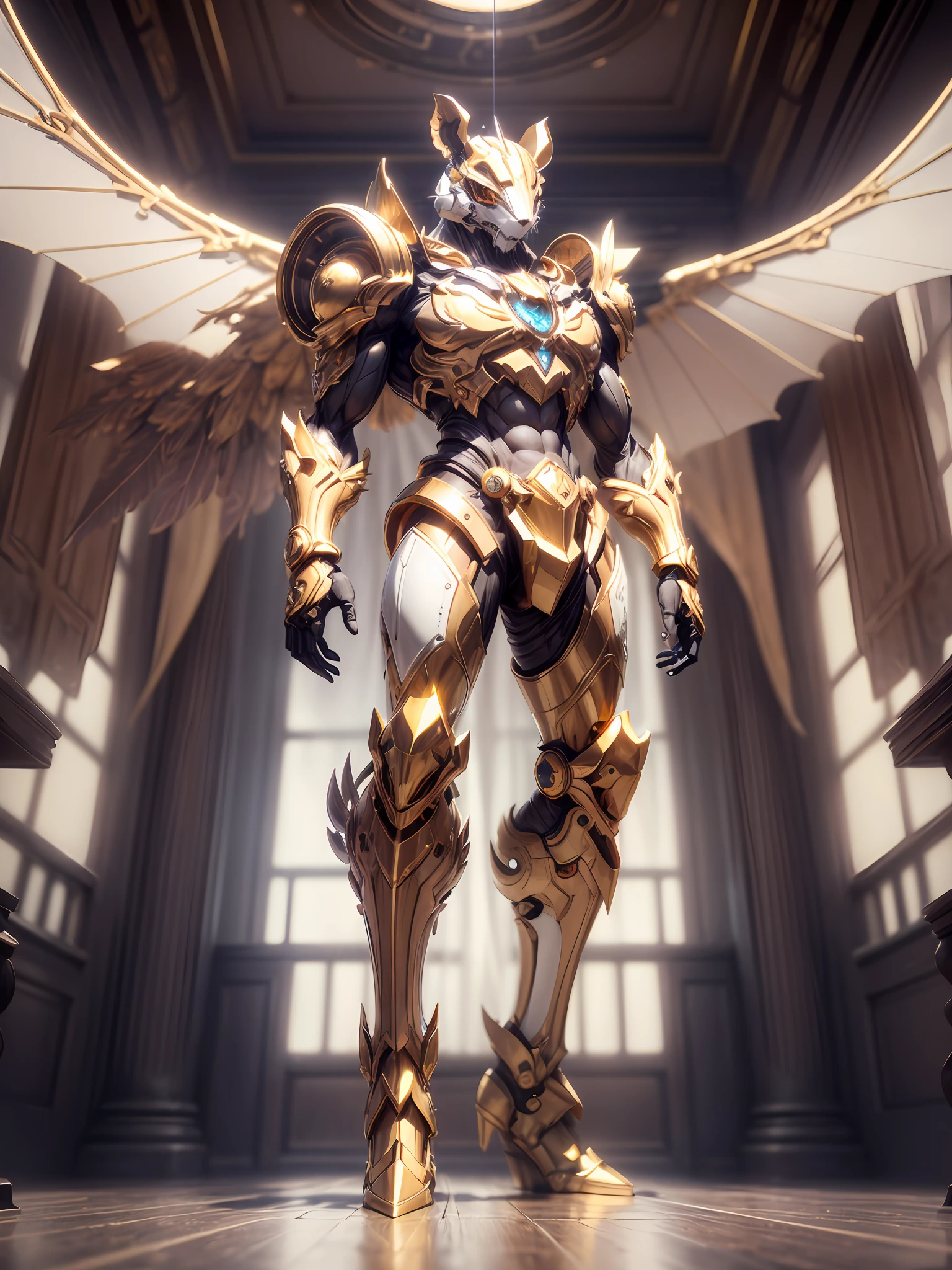(anthropomorphism:1.5),(Full Body Shot), 1 gold rat mecha(Mechanical style gold rat head, Exquisite Helmet:1.2, muscular limbs, muscular body, Unfold wings made of gold:1.2), Standing on two legs, nobody,  Dreamy Glow,clean,white background, ( Global illumination, raytracing, HDR, unreal render,reasonable design, high detailed, masterpiece, best quality, UHD, Cinematic Lighting)