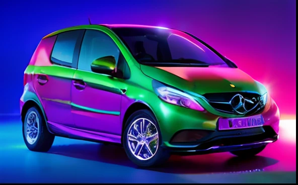 cores neon colorido brilhante, fundo neon,  noite neon, um close up de um carroro prateado em um fundo branco, SLR, foto foto, Mercedes, final dos anos 2000, Mercedez Benz, taxis, miniatura, perfil frontal, renderizado, vista completa de um carroro,"Mercedes-benz Classe A 190, A 190 webmotors, Mercedes-benz , ultra detalhado, cores vibrantes, raios cinza e luzes neon extremamente brilhosos, Mercedes-benz Classe A 190, moderno e futurista."