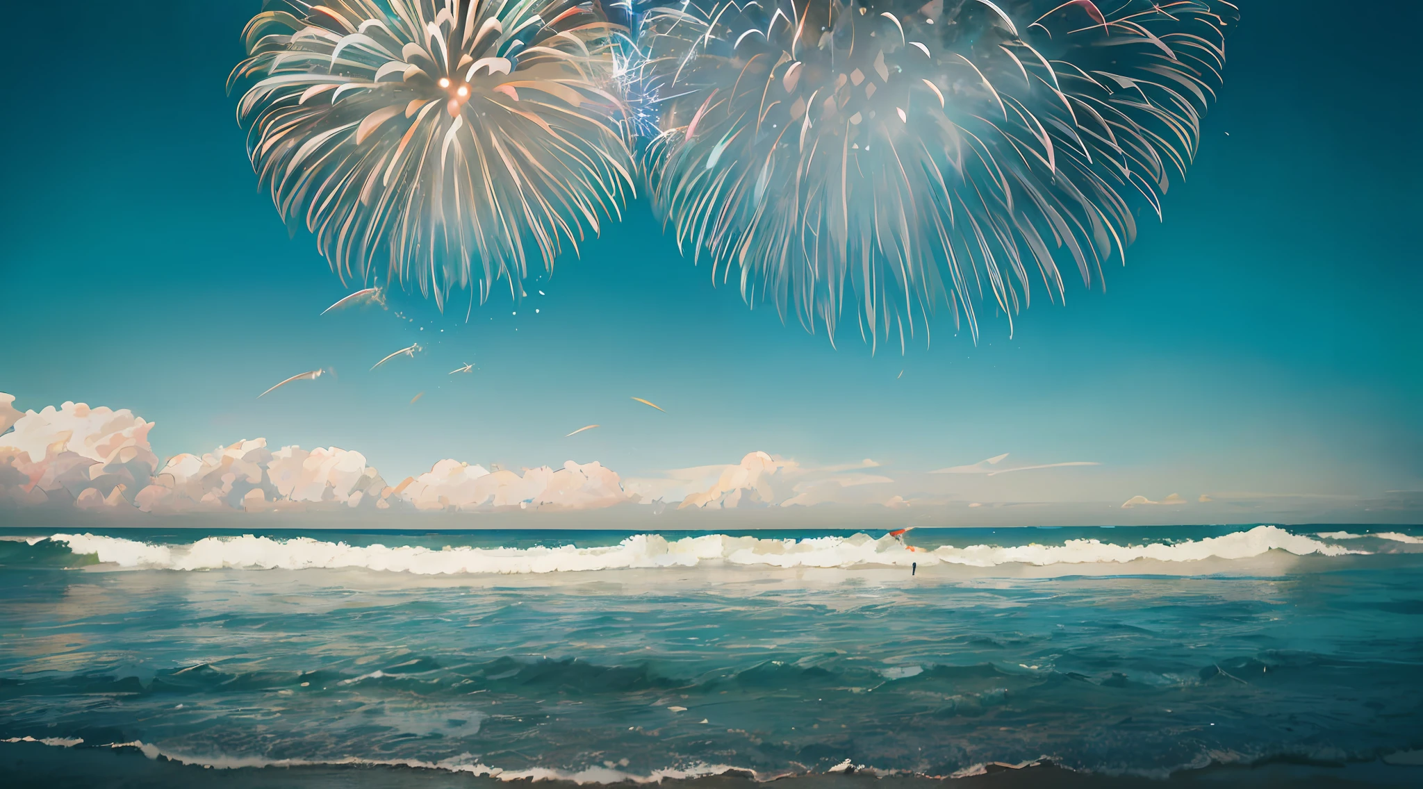 Fireworks lit up on the sea and beach、Surfers ride the waves, shutterstock, istock, celebrating, fireworks at background, fireworks in background, best on adobe stock, Fireworks in the background, Fireworks, amazing background, celebration, shutterstock contest winner, Stock Photo, Holiday Season, 4th of july, sparklers, photo of a stylized