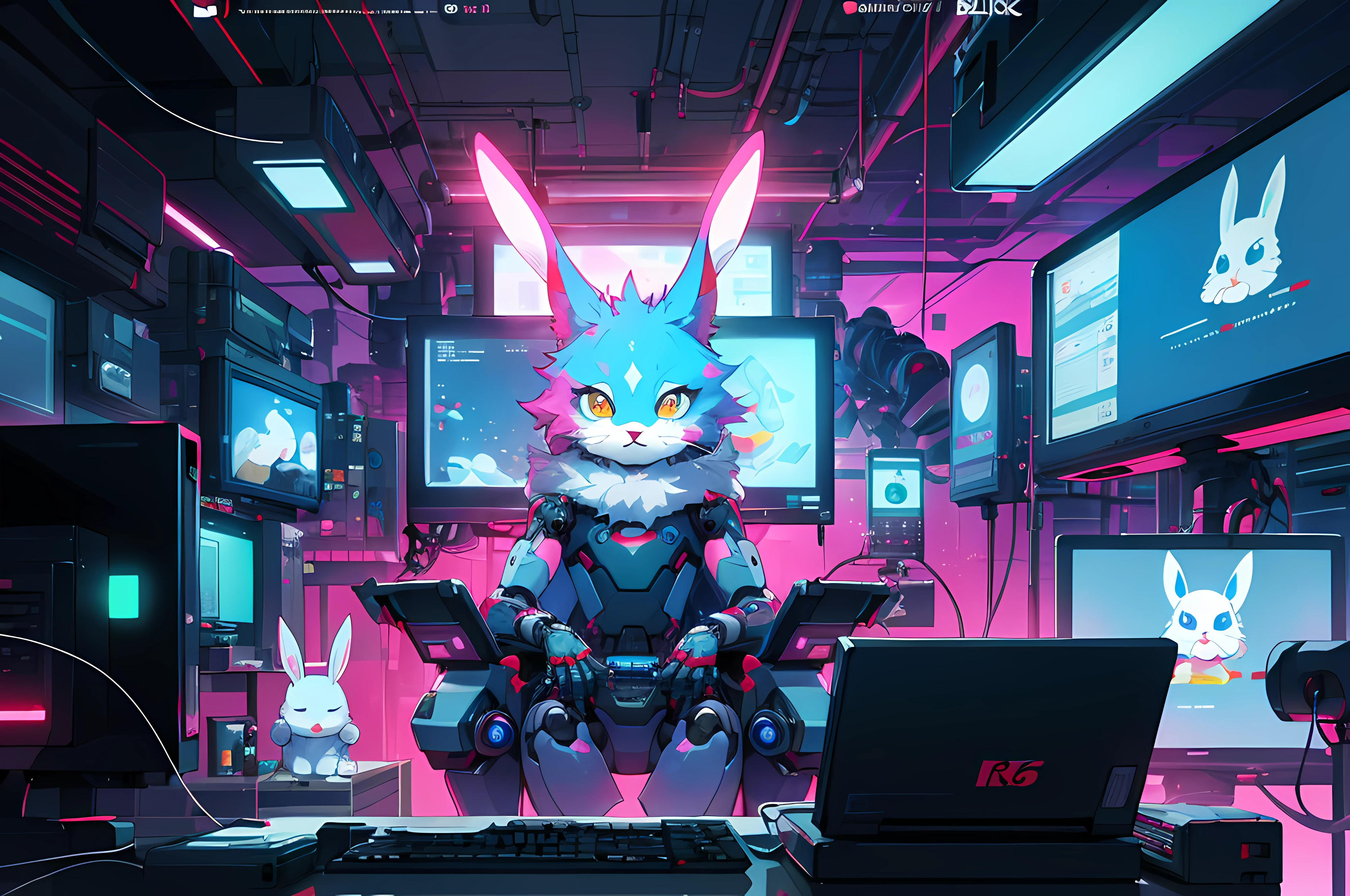 (blame! style abandoned tech landscape), (Zen, Amy Sol style), (((beats to relax/study to))), (((Lofi anthro kemono blue-furred rabbit girl in power armor sitting in metal chair behind computer terminal, behind giant glass terminal screen, beats to relax/study to))), (((blue kemono beastars furry rabbit anime hacker with small soft furry paws))), (((suspended glass cyberpunk computer terminals with robot rabbit in background))), ((glowing cyberdeck screens)), (underground, dark, foggy, perilous, abandoned dystopian apartment bedroom, deep windows), (abstract anthro rabbit figure wearing bunny ears), cover art with light abstraction, abstract, simple vector art, contemporary Cybernetic art, color gradients, soft color palettes, layered forms, whimsical animation, style Ethereal abstract, 4K, --v6