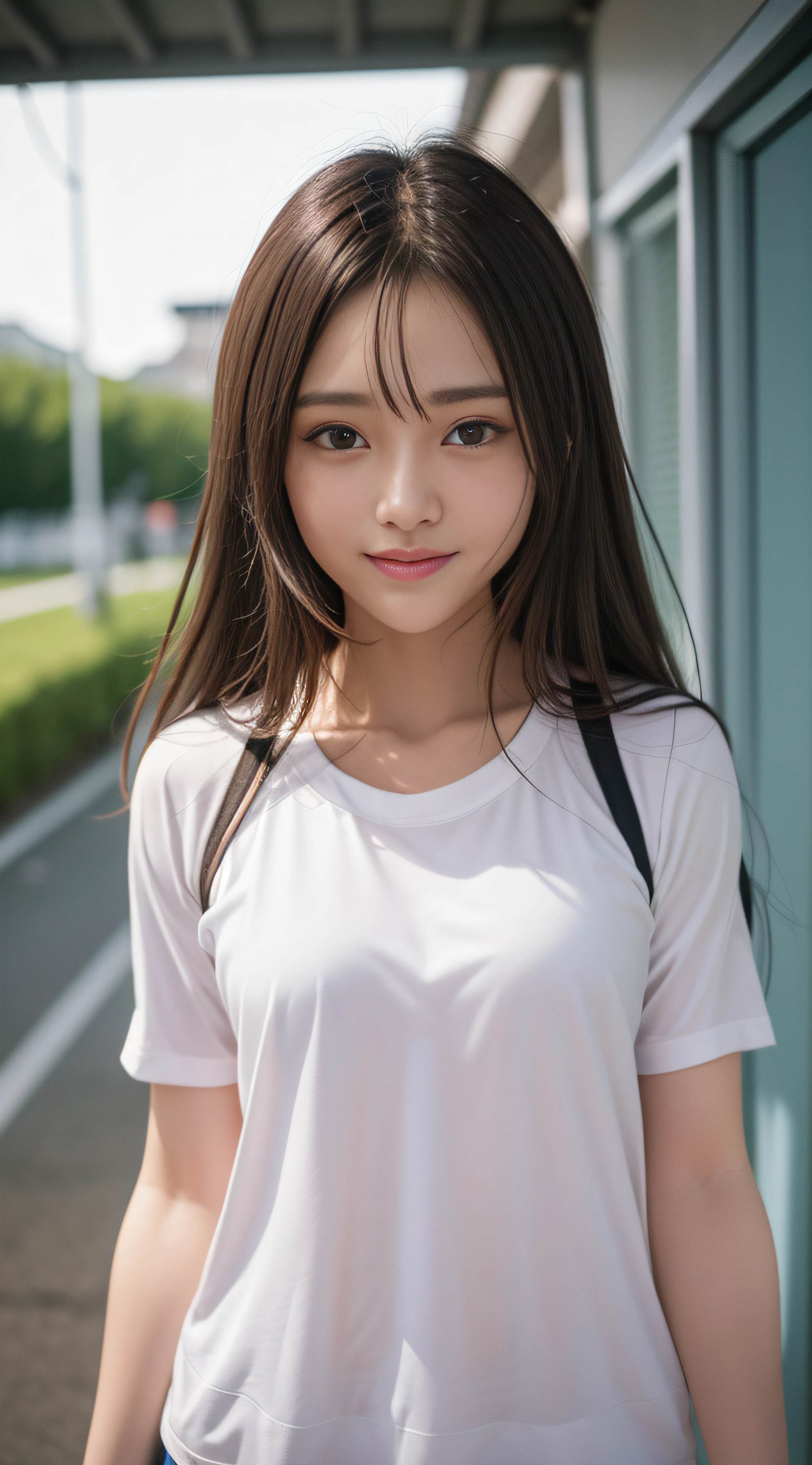 (8K、Raw photography、top-quality、masterpiece:1.2)、(realisitic、realisitic:1.37)、超A high resolution、photon maping、Physically Based Rendering、1girl in、(brunette:1.3)、long legged、A detailed face、A detailed eye、is standing、Look at viewers、(Light Smile Cute:1.2)、(Happiness)、Healing cute、(Soccer Field:1.2)、(early evening:1.2)、sweat pant、Open Sports Jacket、white t-shirts