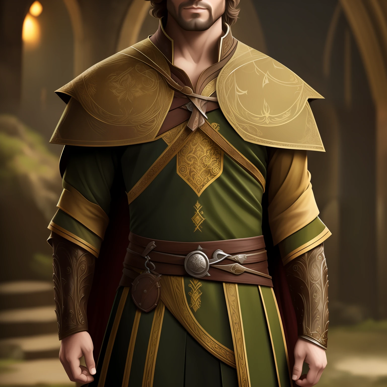 Homem, roupas medievais, musculoso, alto, orelha pontuda parecendo um elfo, cabelo cacheado, cor dos olhos amarelada