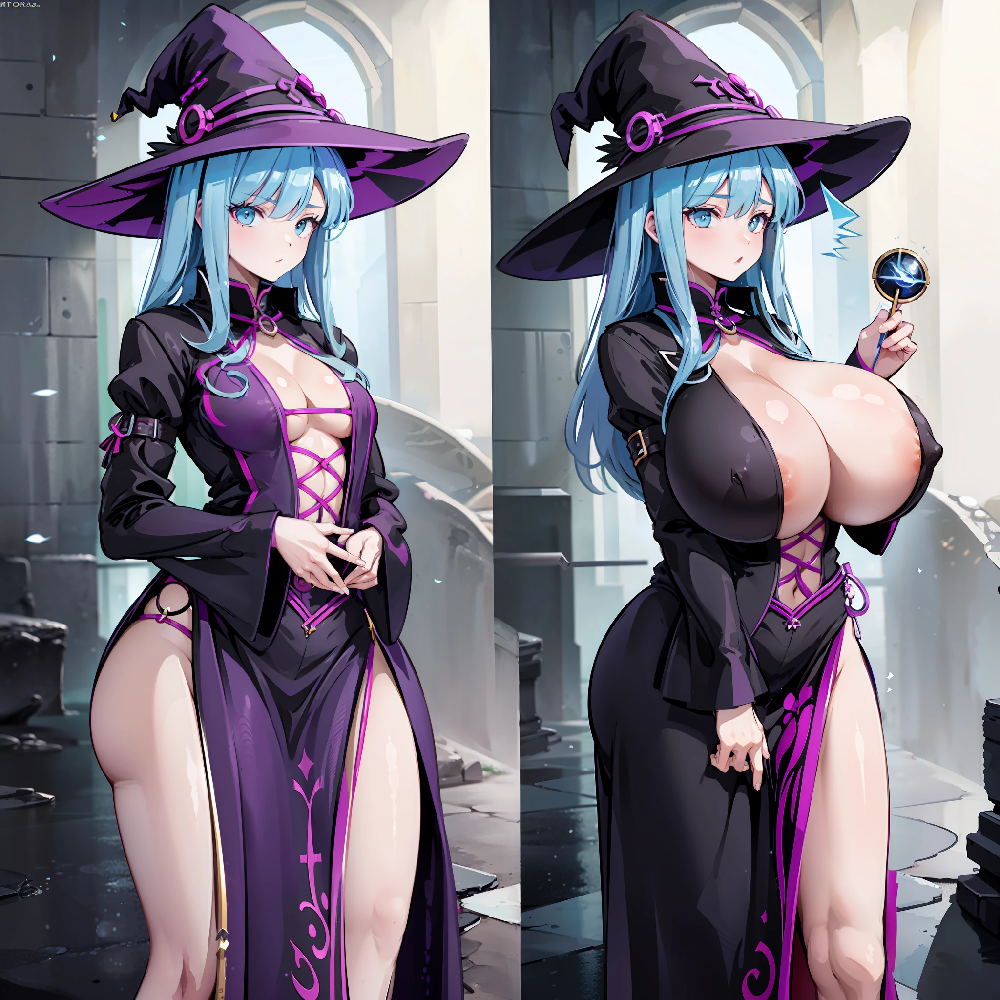 a witch casts a spell, which cause her breasts to grow, breast expansion, before and after, sequence