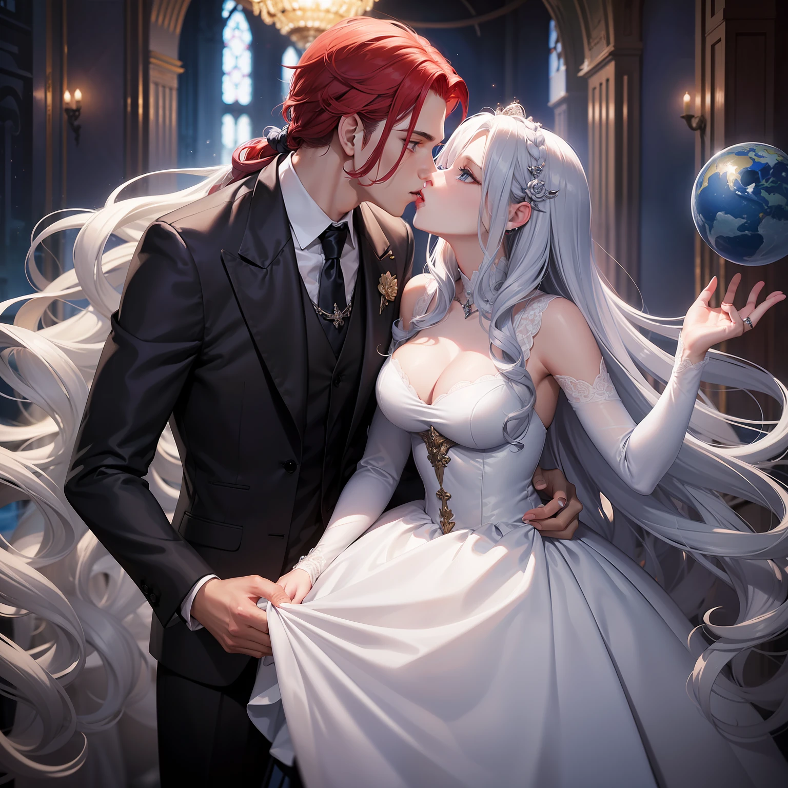 1woman, wavy silver hair, vampire, fancy dress and globes, blue eyes, 1man, red hair, suit, vampire, couple, kiss