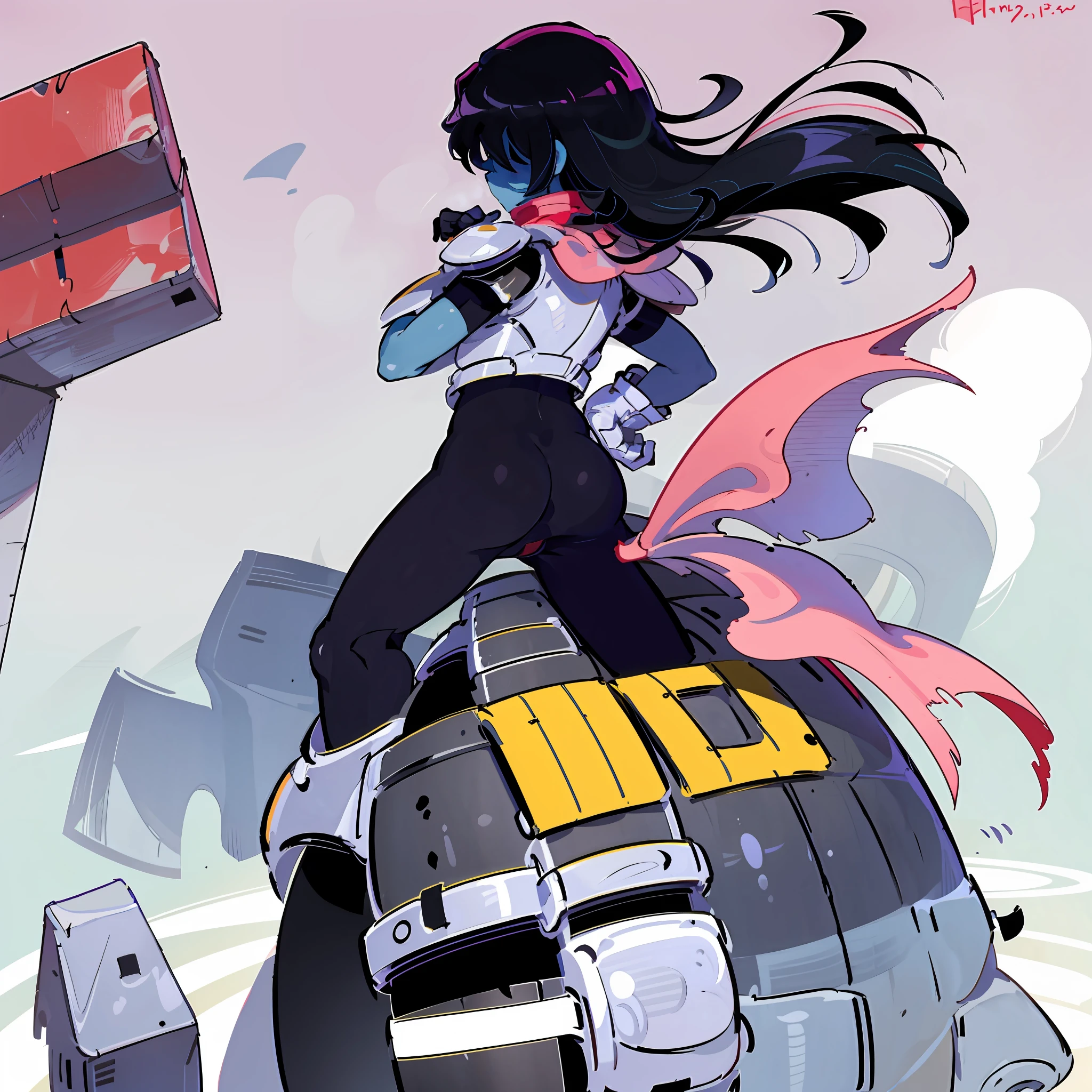 masterpiece, cowboy shot, simplistic background, minimalist background, minimalistic background, 1other, hair over eyes, no eyes, colored skin, solo, blue skin, androgynous, black bodysuit, bodysuit, black hair, gloves, red scarf, armor, from behind, butt, wide hips, butt, large butt, huge ass, large behind, large rear, suggestive