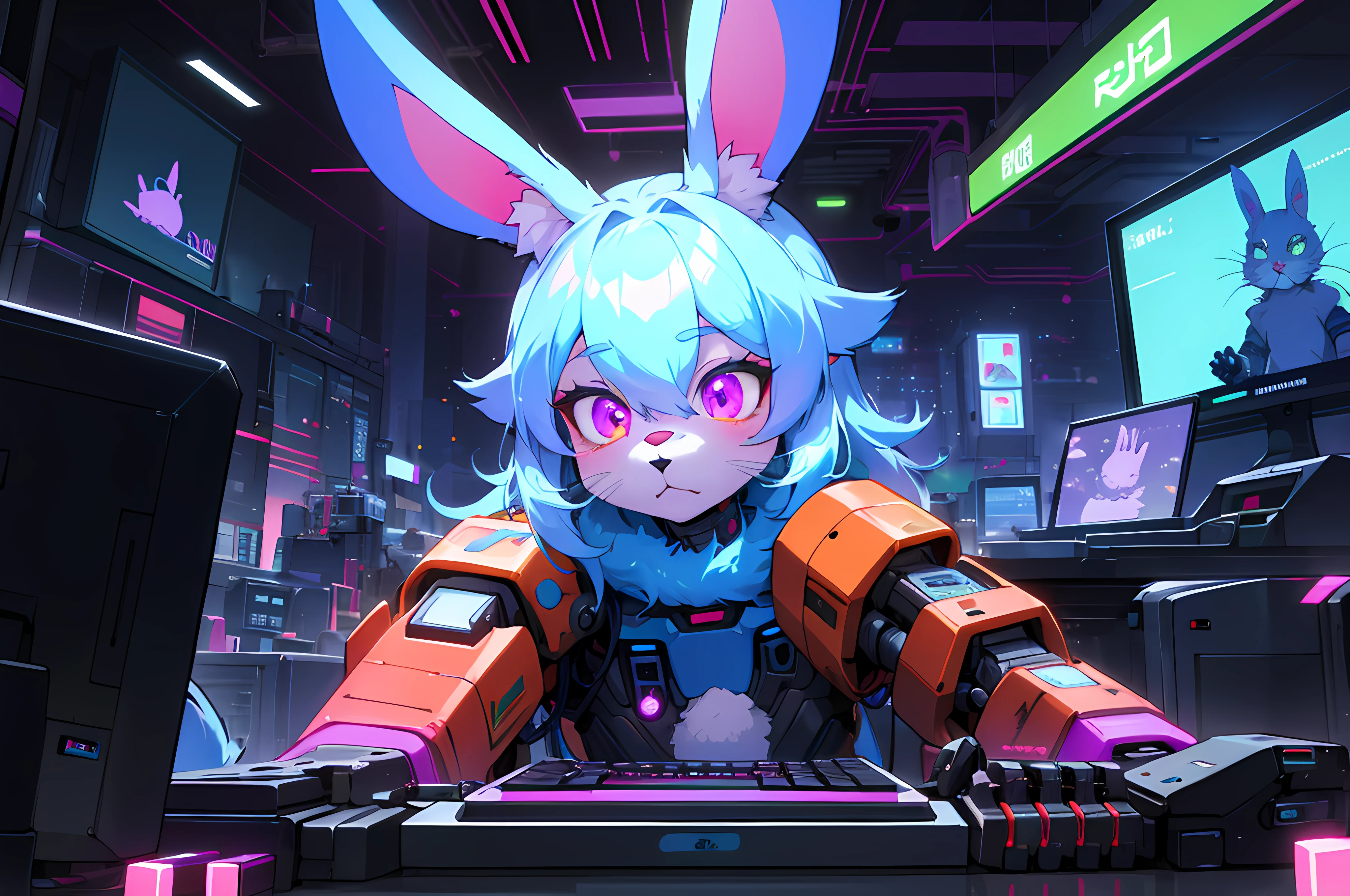 (blame! style abandoned tech landscape), (Zen, Amy Sol style), (((beats to relax/study to))), (((Lofi anthro kemono blue-furred rabbit girl in power armor sitting in metal chair behind computer terminal, behind giant glass terminal screen, beats to relax/study to))), (((blue kemono beastars furry rabbit anime hacker with small soft furry paws))), (((suspended glass cyberpunk computer terminals with robot rabbit in background))), ((glowing cyberdeck screens)), (underground, dark, foggy, perilous, abandoned dystopian apartment bedroom, deep windows), (abstract anthro rabbit figure wearing bunny ears), cover art with light abstraction, abstract, simple vector art, contemporary Cybernetic art, color gradients, soft color palettes, layered forms, whimsical animation, style Ethereal abstract, 4K, --v6