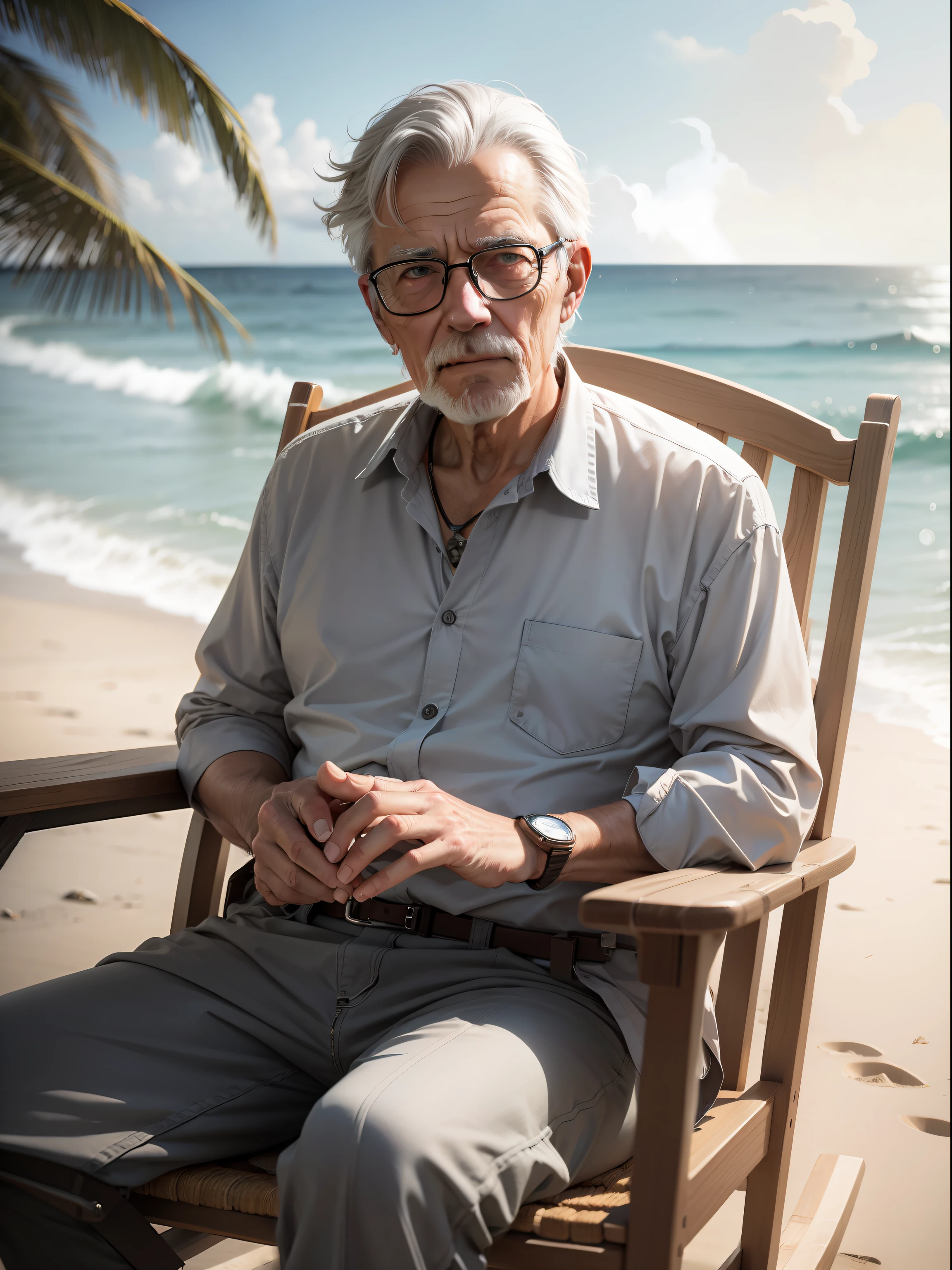 Gray-haired elderly man sitting in a rocking chair by the beach