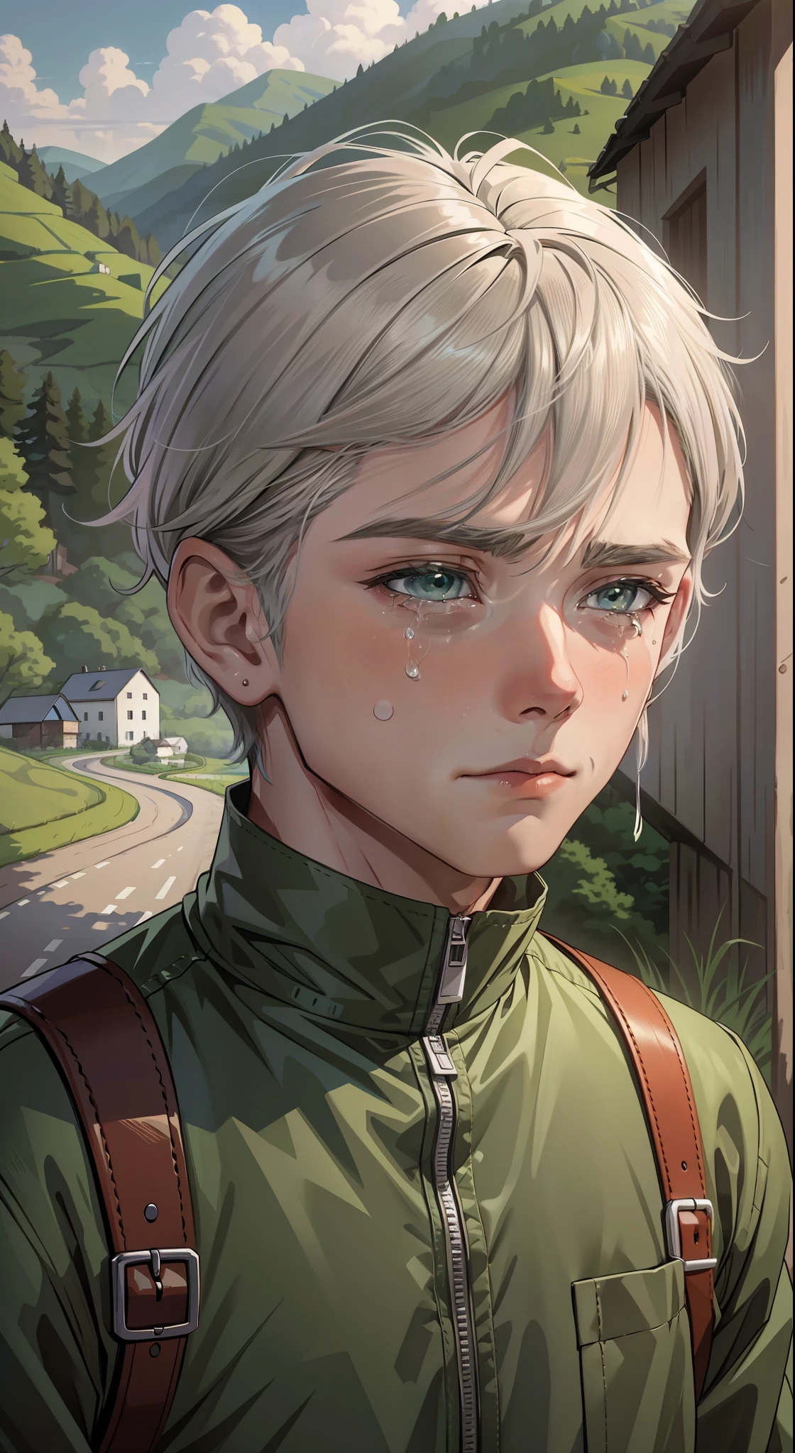 Silver-haired boy with sad gray eyes and crying in the green mountains of the countryside