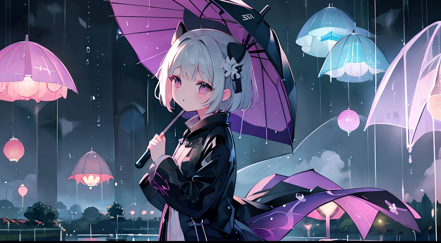 One girl、umbrellas、transparent umbrella、Sateen、Very heavy rain、raincoat、masterpiece、top-quality、ren、Beautiful rain、Facing up