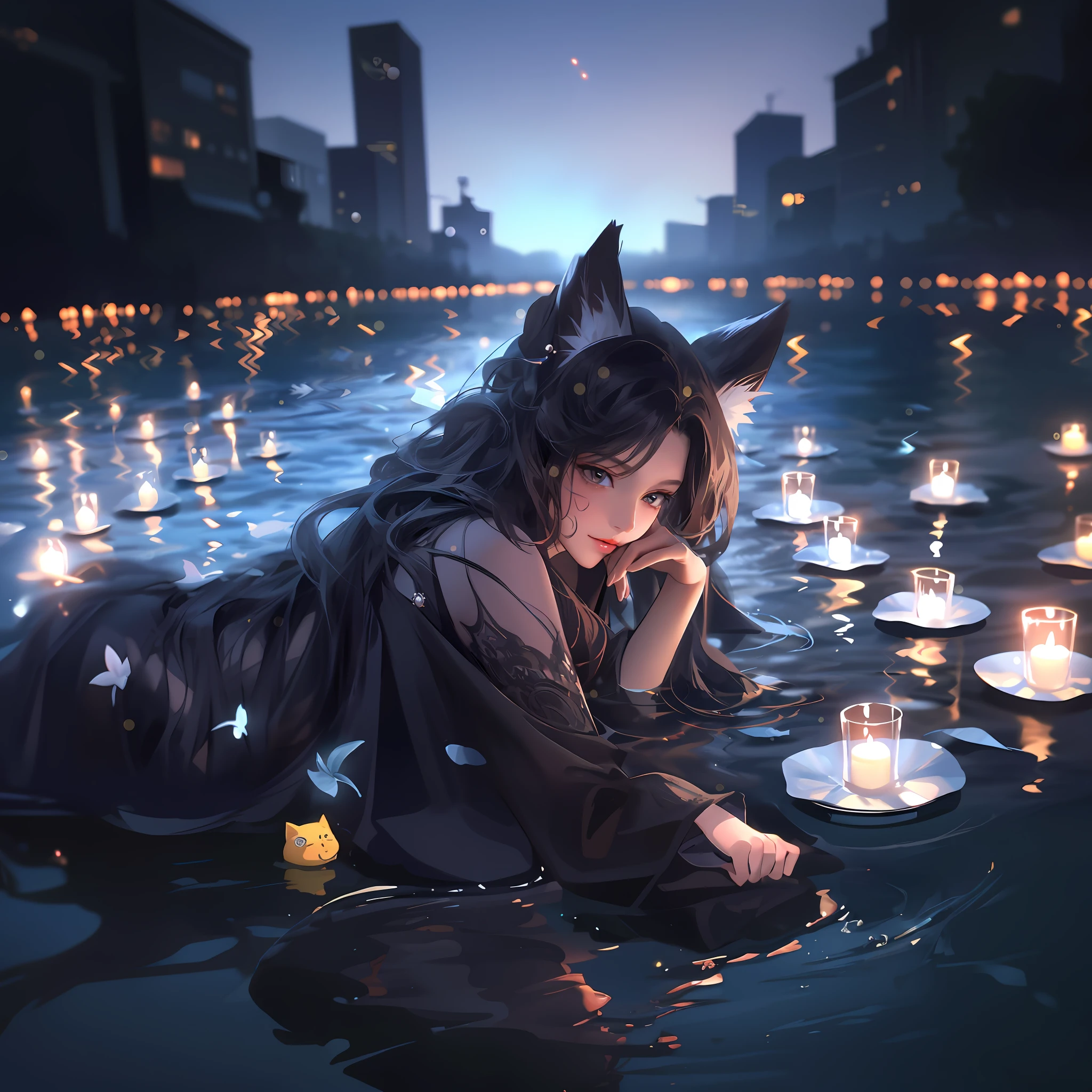 On the ground lay a woman in a black dress, beautiful anime catgirl, Guviz-style artwork, by Yang J, Very beautiful anime cat girl, Guviz, anime girl with cat ears, 4K anime wallpaper, Anime art wallpaper 8 K, style of anime4 K, very beautiful cute catgirl, Anime art wallpaper 4 K