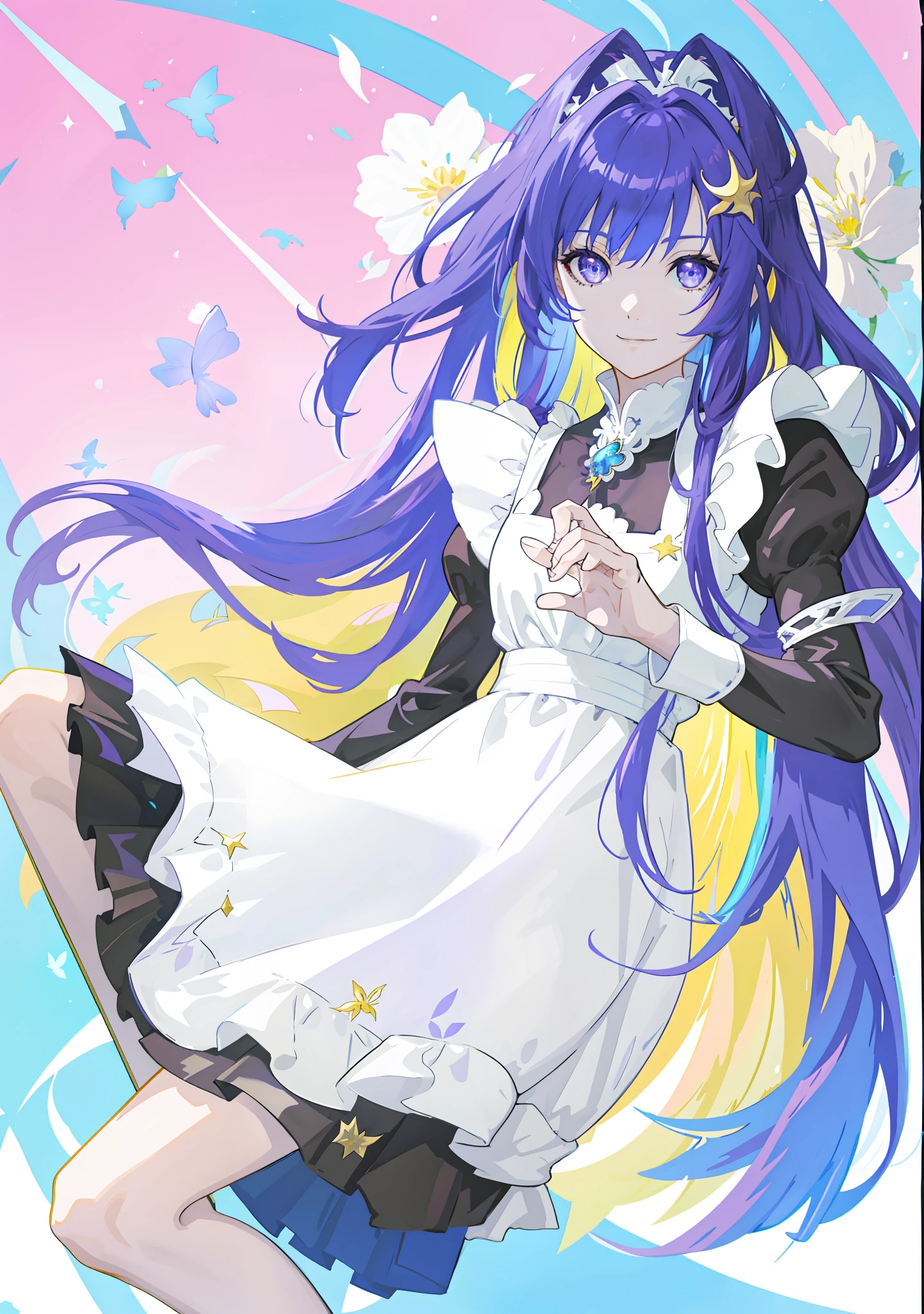 Anime girl with purple hair and purple eyes before the full moon，Star decoration，the maid outfit，White hairpin，coy smile，There is a blue gradient on the inside of the skirt，white pantie，8K high quality detailed art，detailed anime character art，2。5D CGI anime fantasy artwork，beautiful fantasy anime，a stunning anime face portrait，intricate ornate anime cgi style，Anime fantasy artwork，detailed anime art，Anime fantasy illustration masterpiece，best qualtiy，Delicate eyes and delicate face，Extremely detailed CG unified 8k wallpaper，Complicated details，pastel-colored hair，Rich clothing details，the space，galaxias，galactic，starrysky，glitters，astrology，brokenglass，Rainbow light，whirly，extremelydetailedface，Shiny white particles，Rainbow-colored butterflies，depth of fields