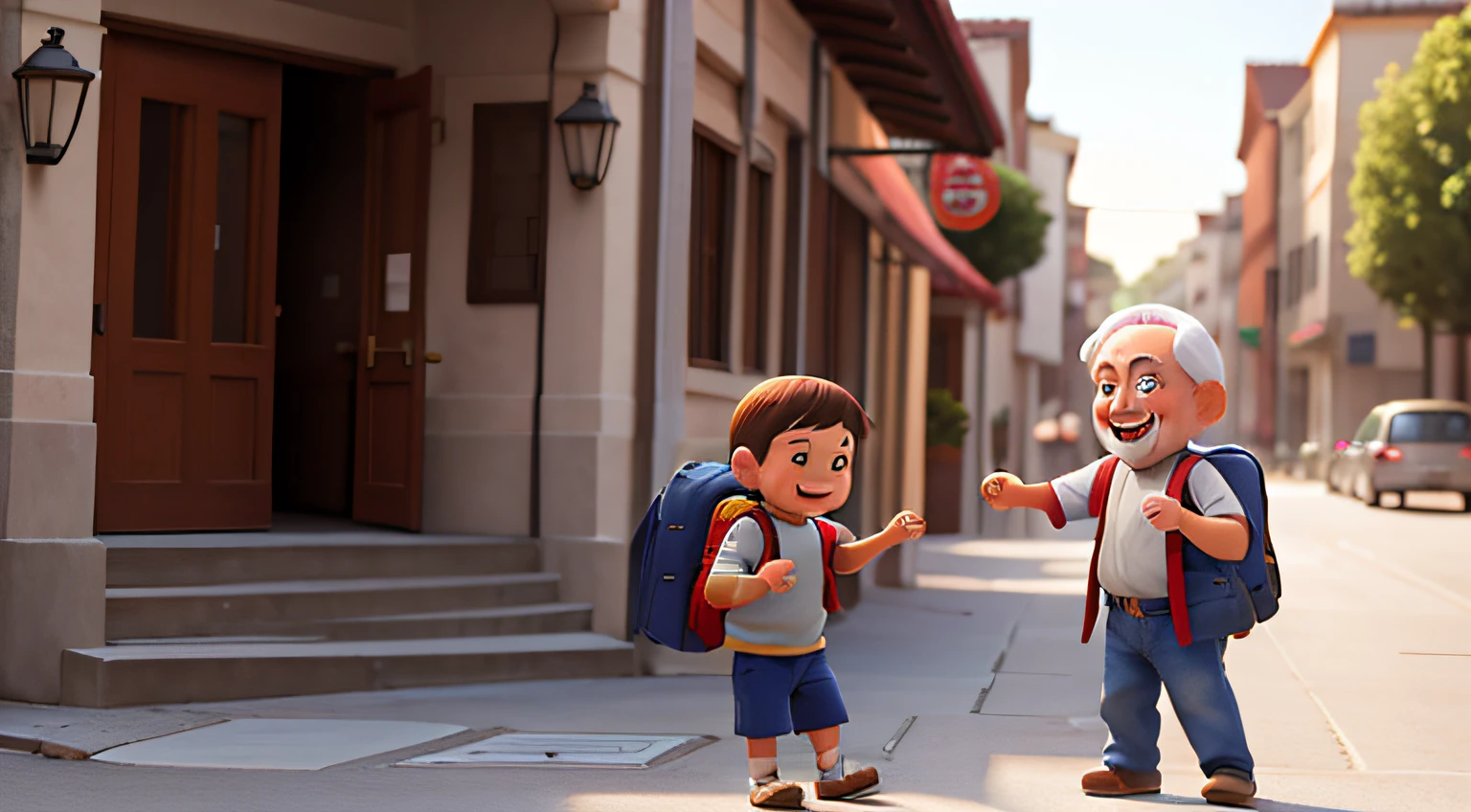 boy giving the backpack to an old man who is happy in the square