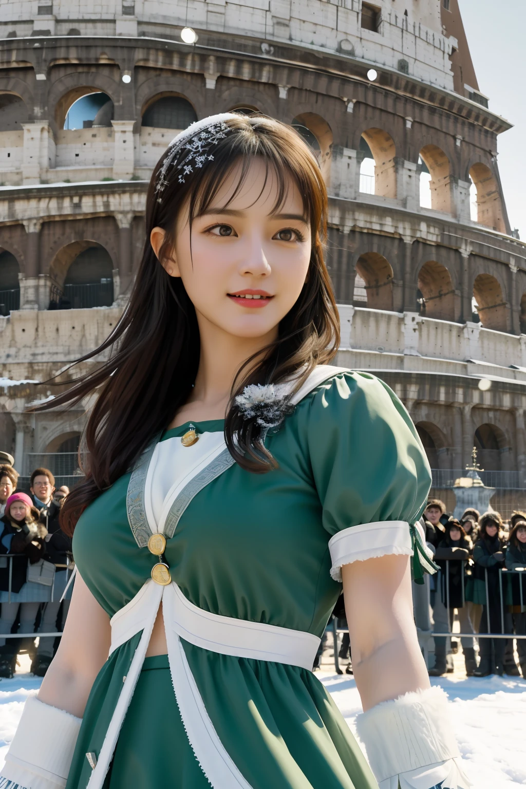 Best quality, 超高分辨率, Detailed face, Realistic face,RAW photo,2girls,duo,navel,(Castel Sant'Angelo in Rome,crowd,winter,Snow),(cheerful big breasts, Energetic, cheerfulness:1.4), Green eyes, Small hairpins for ladybugs, 
(hdr:1.4), Dramatic, the complex background, Cinematic, cinematic ligh, (rootkowski, art  stations:0.8),
insanely details, Intricate details, ultra - detailed, Low contrast, Soft cinematic light, exposure blend, hdr ,