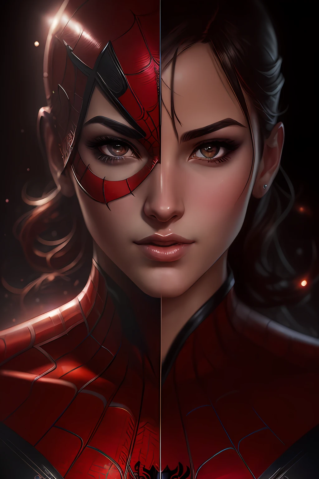 (Award Winning Digital Artwork:1.3) of (Sketch:1.3),(Energetic:1.3) Spidey, EmmaRob,CGSociety,ArtStation,(Saturated:1.3),(close portrait:1.3),(Feminine:1.4),(beautiful:1.4),(attractive:1.3),handsome,calendar pose,perfectly detailed eyes,studio lighting,thematic background