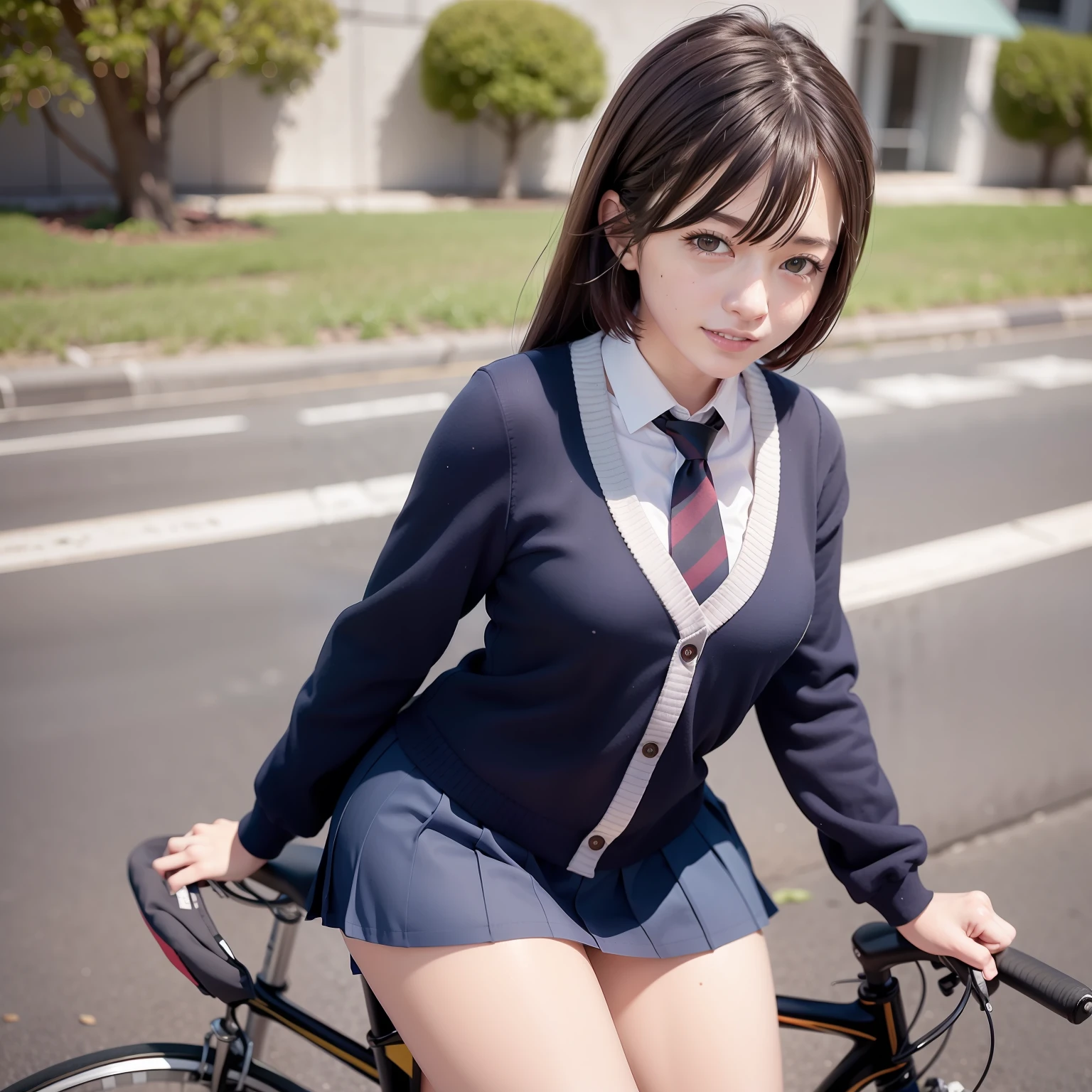 Best quality,tmasterpiece,There was a young woman riding a bicycle on the street, Surrealism female students, Surrealism female students, Anime girl in real life, Anime girl cosplay, dressed as schoolgirl, Beautiful Anime High School Girls, cute female student, Japanese school uniform, of a schoolgirl posing, Realistic young gravure idol, Wearing a Japanese school uniform, Female Student, Realistic schoolgirl