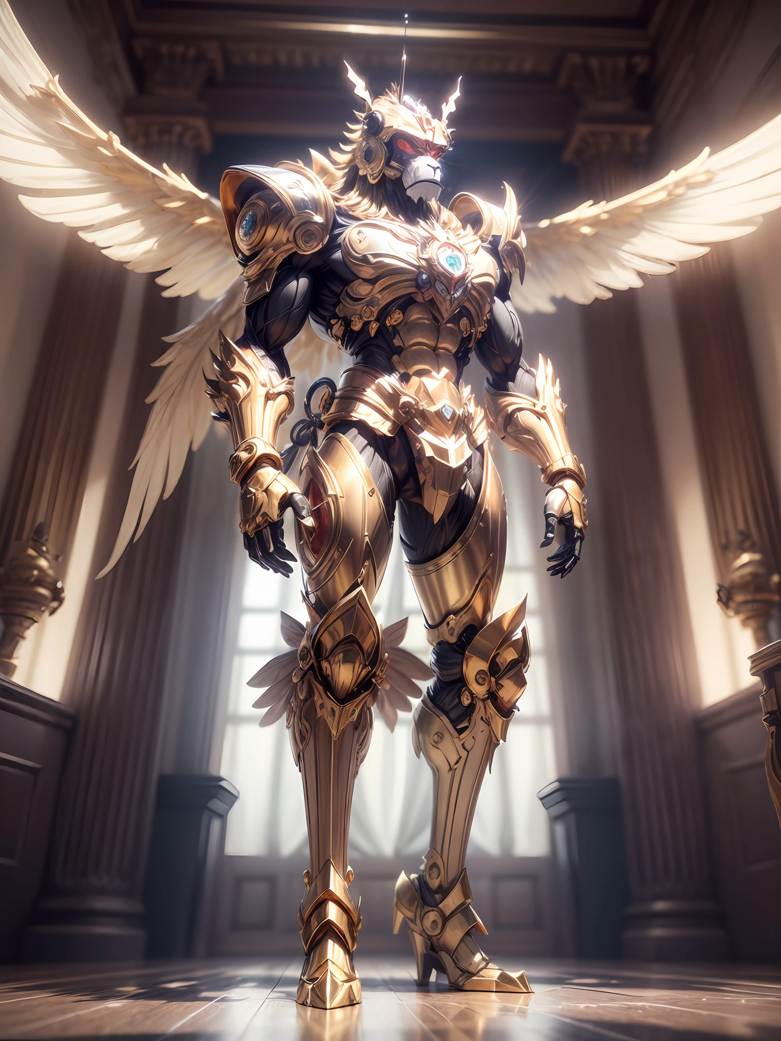 (anthropomorphism:1.5),(Full Body Shot), 1 gold monkey mecha(Mechanical style gold monkey head, Exquisite Helmet:1.2, muscular limbs, muscular body, Unfold wings made of gold:1.2), Standing on two legs, nobody,  Dreamy Glow,clean,white background, ( Global illumination, raytracing, HDR, unreal render,reasonable design, high detailed, masterpiece, best quality, UHD, Cinematic Lighting)