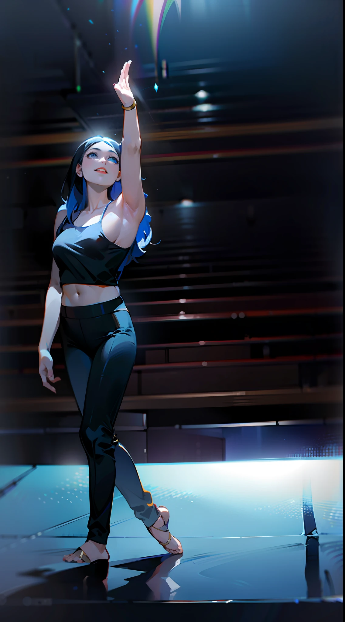 Woman in black top and black pants standing on stage, contemporary dance, female dancer, contemporary dance poses, comprimento de corpo inteiro, dancer, Apresentando-se no palco, as though she is dancing, dynamic dance fottography, Pose de corpo inteiro, Coreografada, fotografia de performance de ballet, Pose completa, Pose tensa.