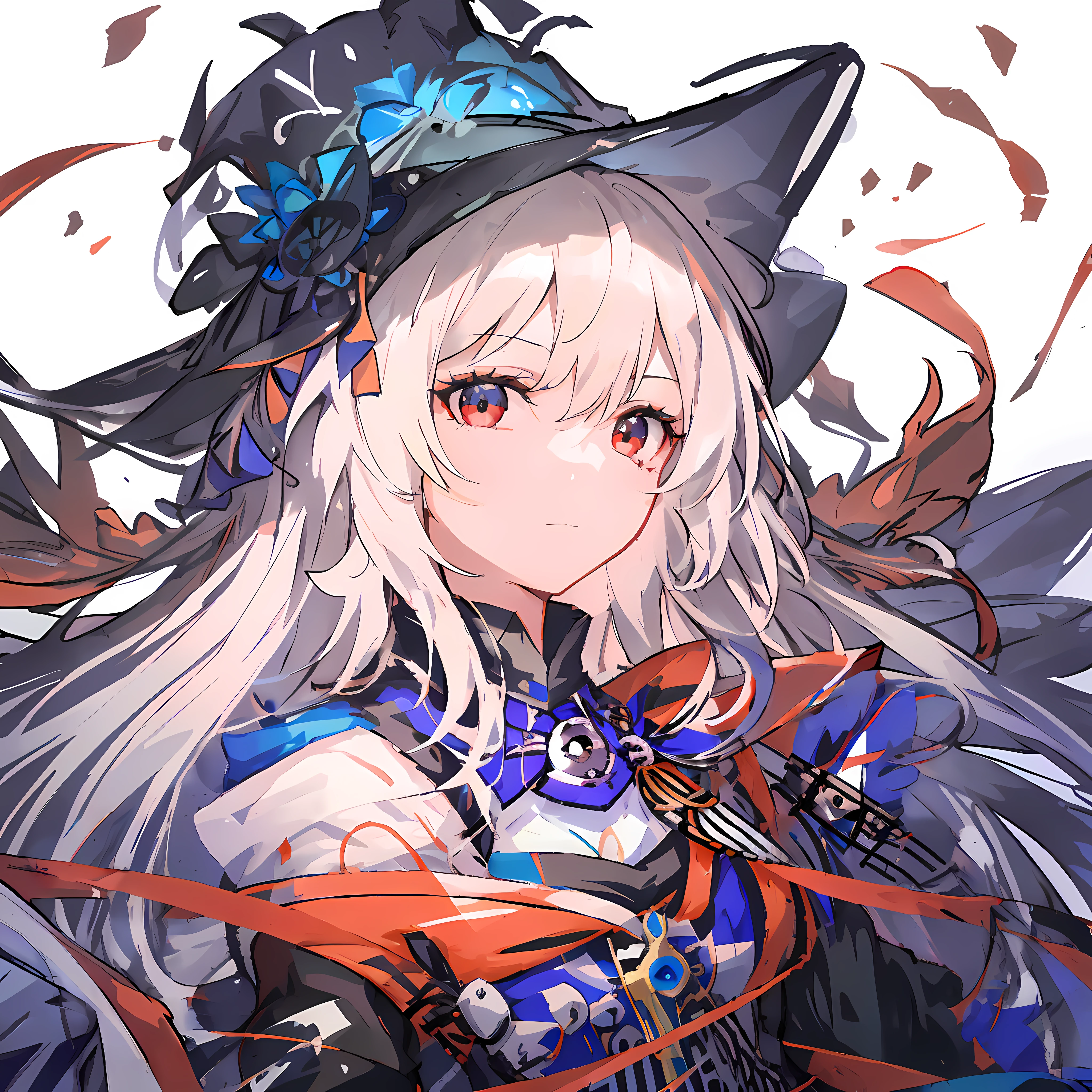 White long hair anime girl wearing witch hat holding sword, Ayaka Genshin impact, From Arknights, zerochan art, from girls frontline, mechanized witch girl, Detailed key anime art, Genshin, onmyoji portrait, ayaka game genshin impact, marisa kirisame, high detailed official artwork, portrait of a female mage