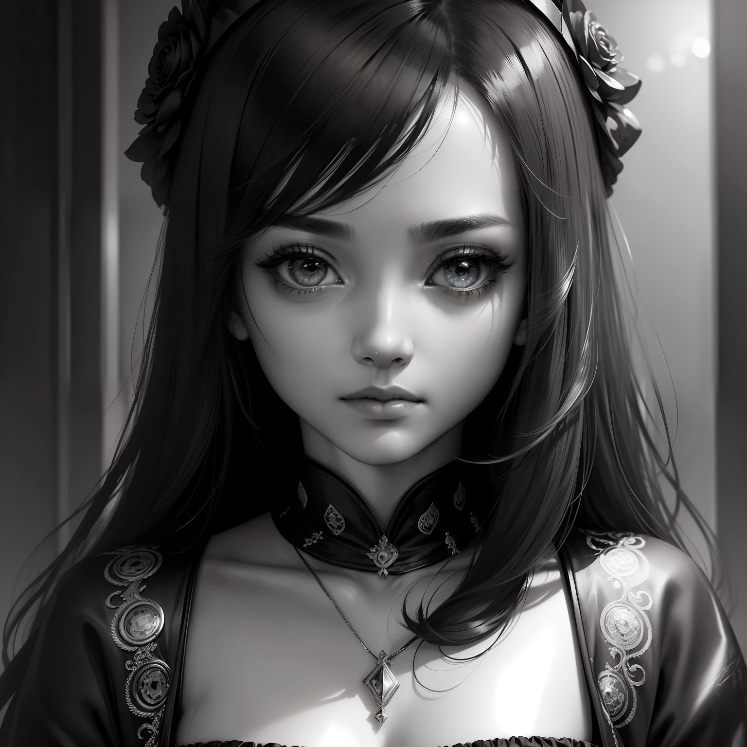 ((masterpiece, best quality, ultra-detailed, high-resolution)), solo, beautiful girl, gleaming eye, perfect eye, , black white gold theme,