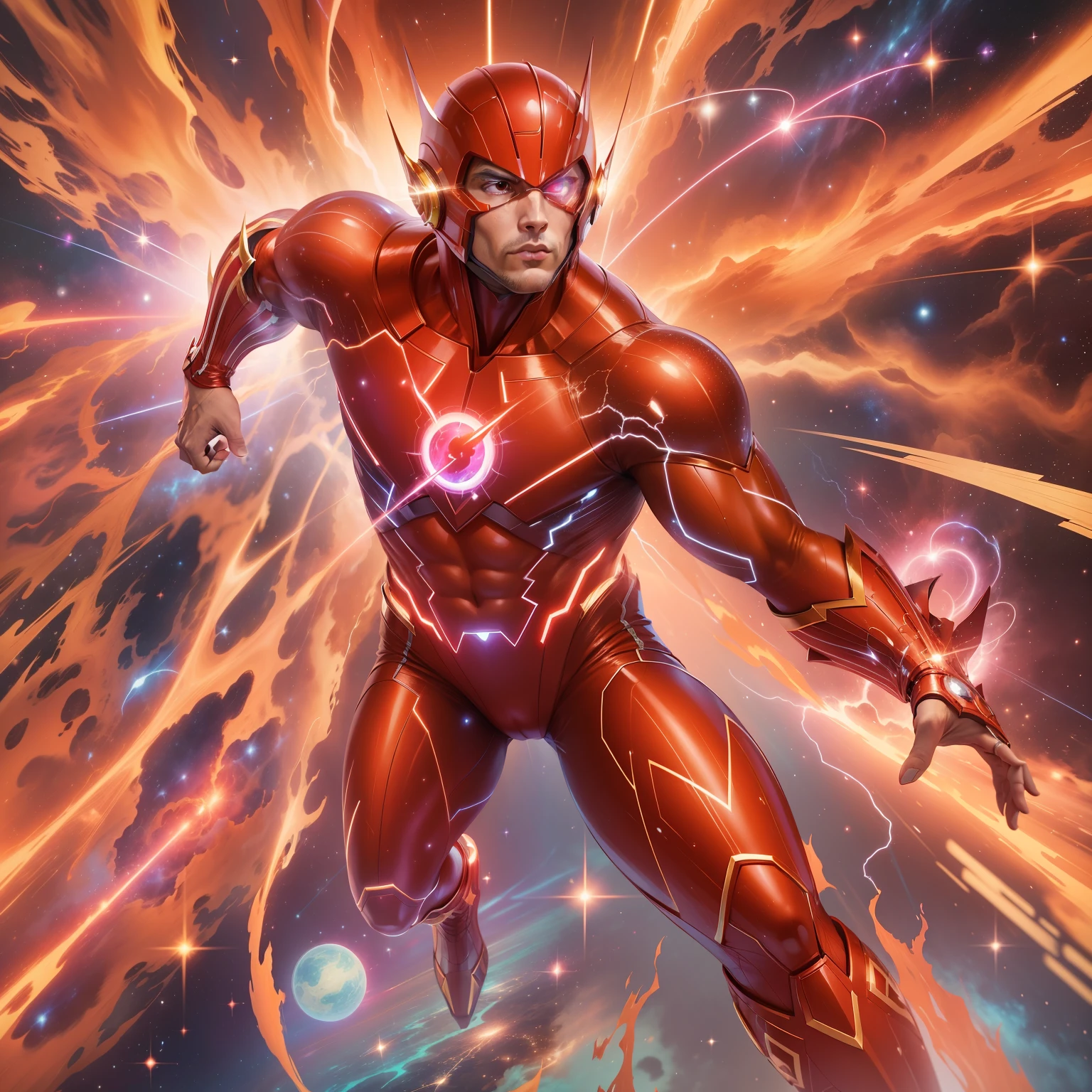 "While traversing outer space, a scarlet lightning cuts through the cosmic void with its dizzying speed. Vestido com um traje vermelho ultra-realista, the superhero Flash becomes the embodiment of pure energy, leaving a trail of luminous sparks in its path. As you run through the starry immensity, It faces cosmic challenges and protects the galaxy from intergalactic threats, using his super speed and sharp reflexes to defend justice in every corner of the universe.”