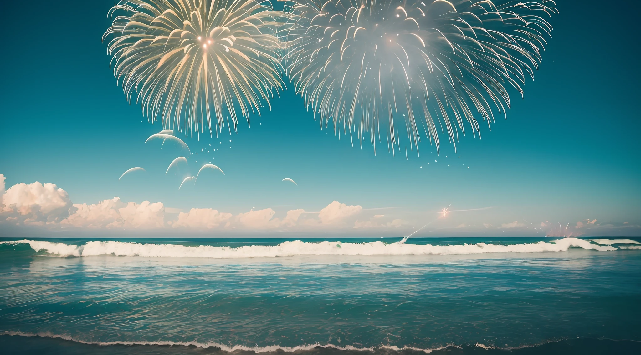 Fireworks lit up on the sea and beach、Surfers ride the waves, shutterstock, istock, celebrating, fireworks at background, fireworks in background, best on adobe stock, Fireworks in the background, Fireworks, amazing background, celebration, shutterstock contest winner, Stock Photo, Holiday Season, 4th of july, sparklers, photo of a stylized