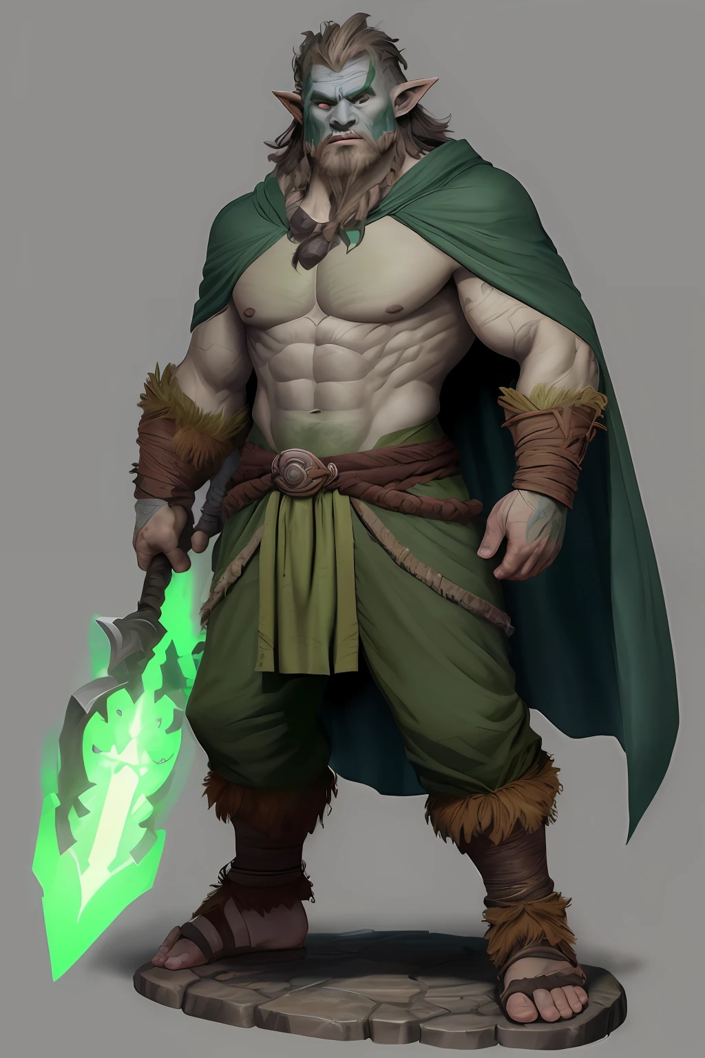 full body low angle shot of a intimidating male firbolg barbarian who uses a huge tribal totem for weapon, firbolg, D&D style, half giant, long green cape, clothes in shades of green, long clothes with sleeves, grey eyes, clothes covering the abdomen, druid clothes