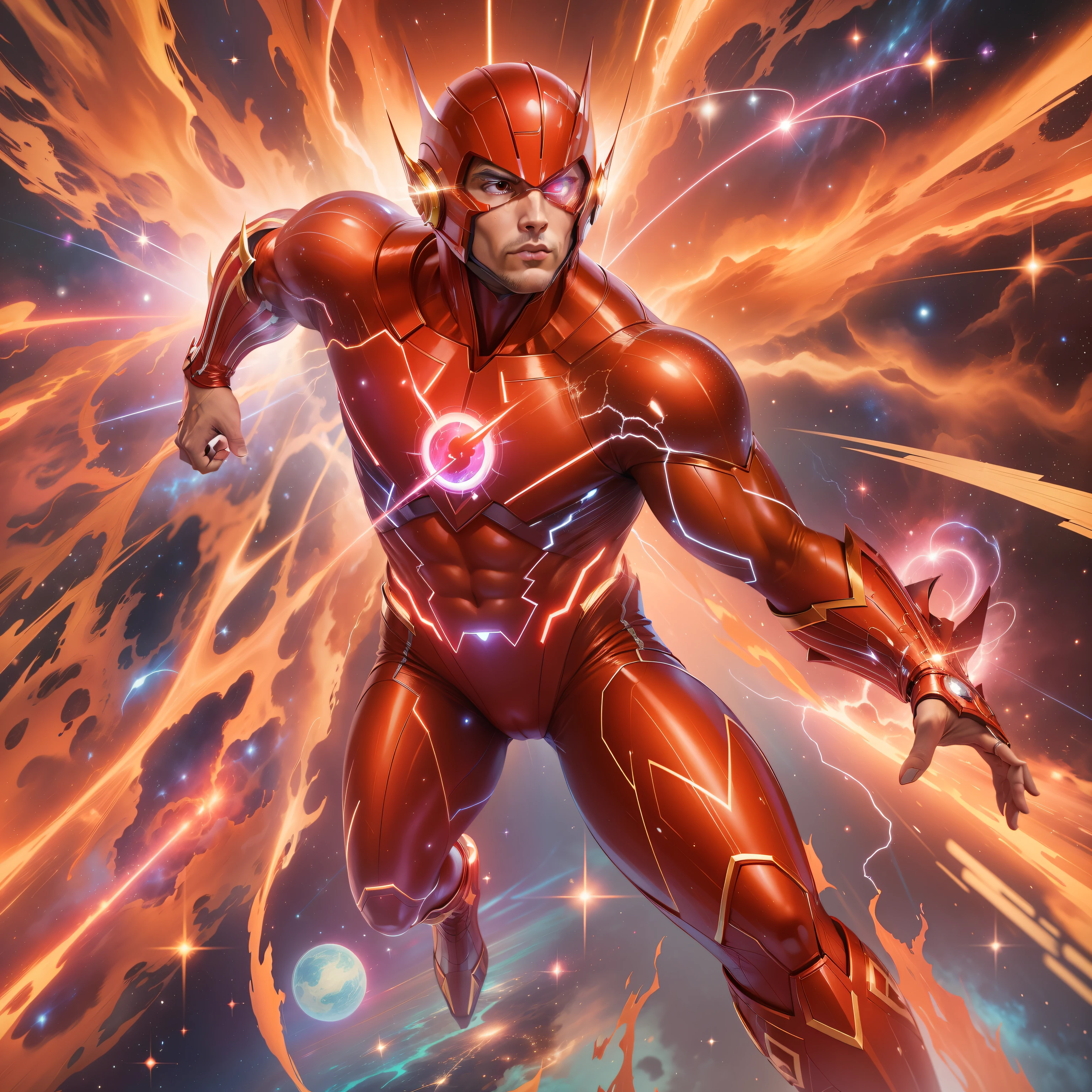 "While traversing outer space, a scarlet lightning cuts through the cosmic void with its dizzying speed. Vestido com um traje vermelho ultra-realista, the superhero Flash becomes the embodiment of pure energy, leaving a trail of luminous sparks in its path. As you run through the starry immensity, It faces cosmic challenges and protects the galaxy from intergalactic threats, using his super speed and sharp reflexes to defend justice in every corner of the universe.”