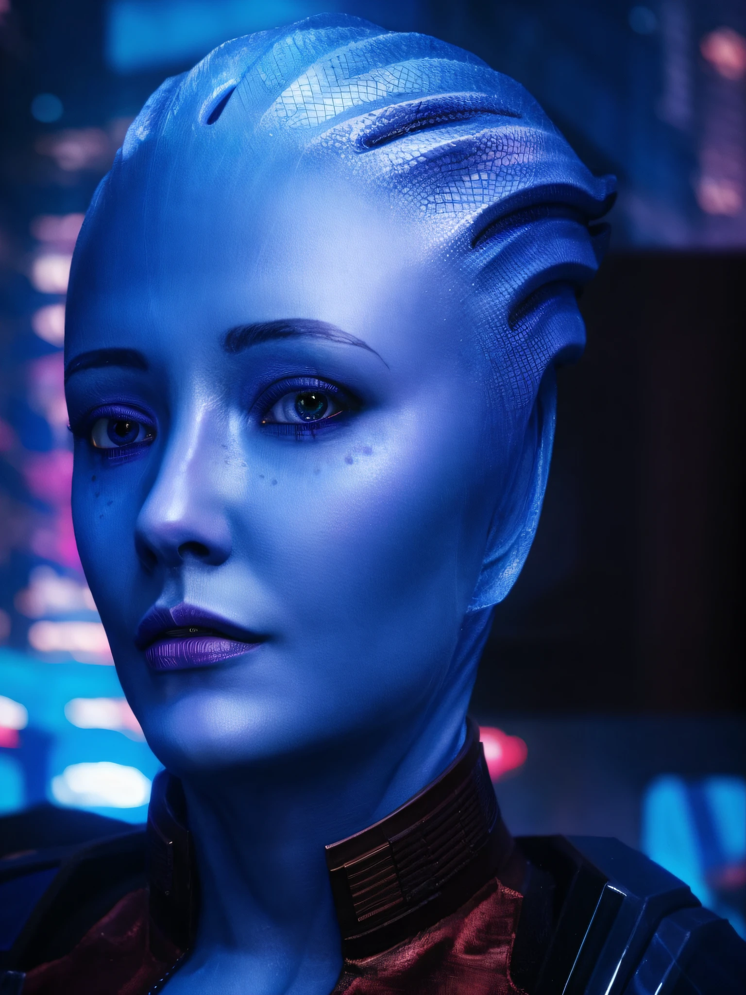 absurdres, 1girl, asari, blue_skin, close up, sci-fi complex clothes, cyberpunk, looking into the camera, masterpiece