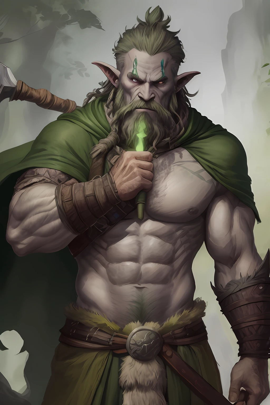 bellow shot of a intimidating male firbolg barbarian who uses a huge tribal totem for weapon, firbolg, D&D style, half giant, long green cape, clothes in shades of green, long clothes with sleeves, grey eyes, clothes covering the abdomen, druid clothes