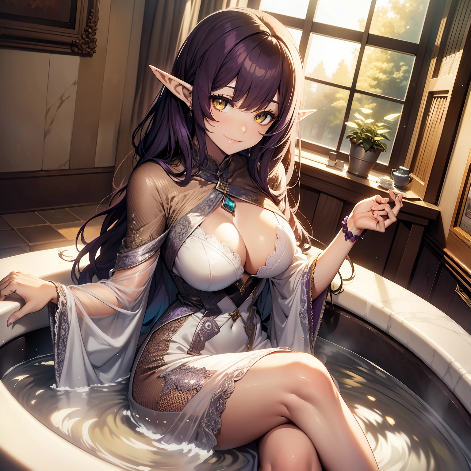 female elf, with dark purple hair, vestindo um vestido branco, sorrindo, olhando para o espectador, pov angle, yellow eyes, in a ivory room, with one bath, elfic achiteture, 4k