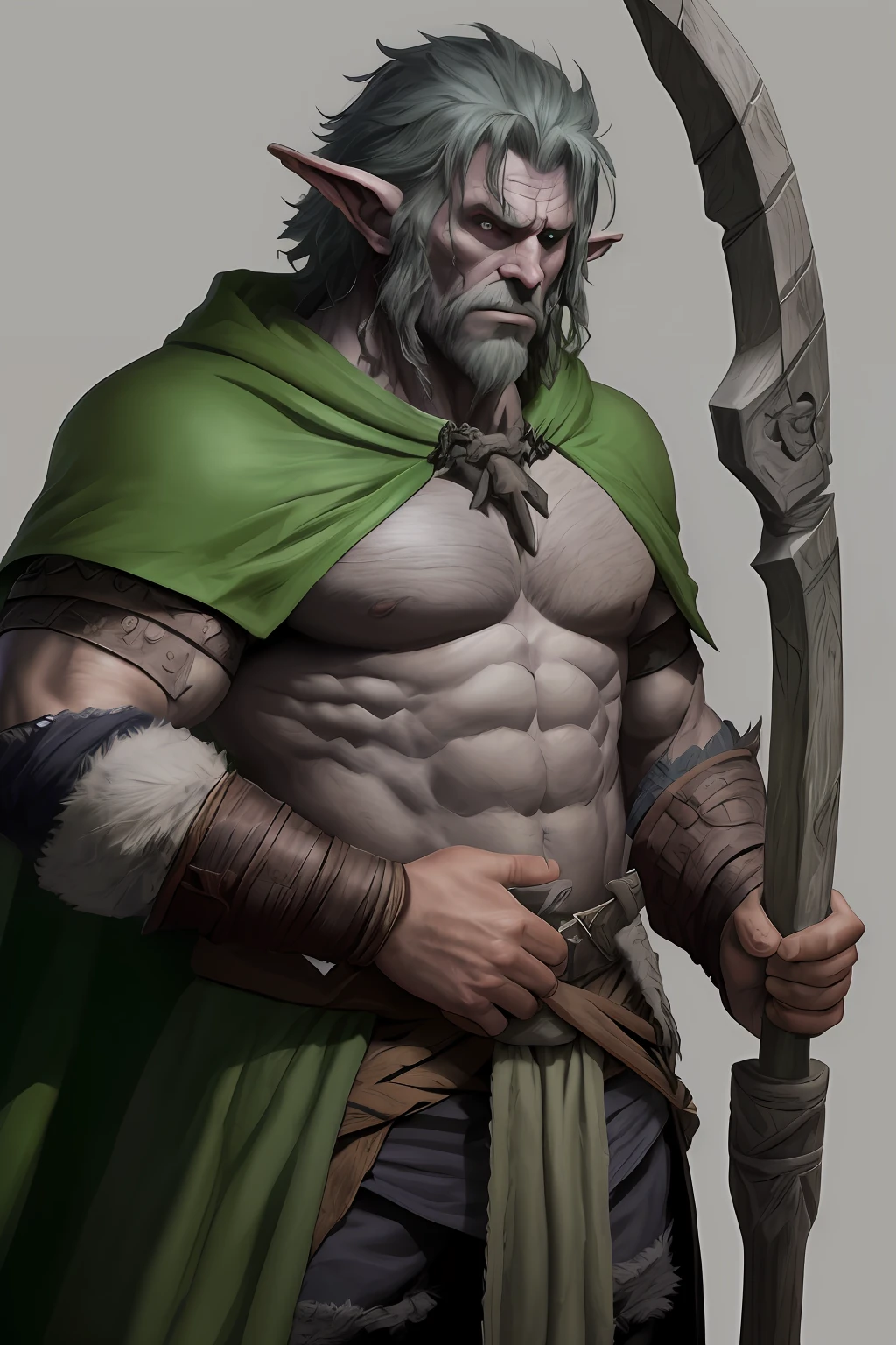 bellow shot of a intimidating male firbolg barbarian who uses a huge tribal totem for weapon, firbolg, D&D style, half giant, long green cape, clothes in shades of green, long clothes with sleeves, grey eyes, clothes covering the abdomen, druid clothes