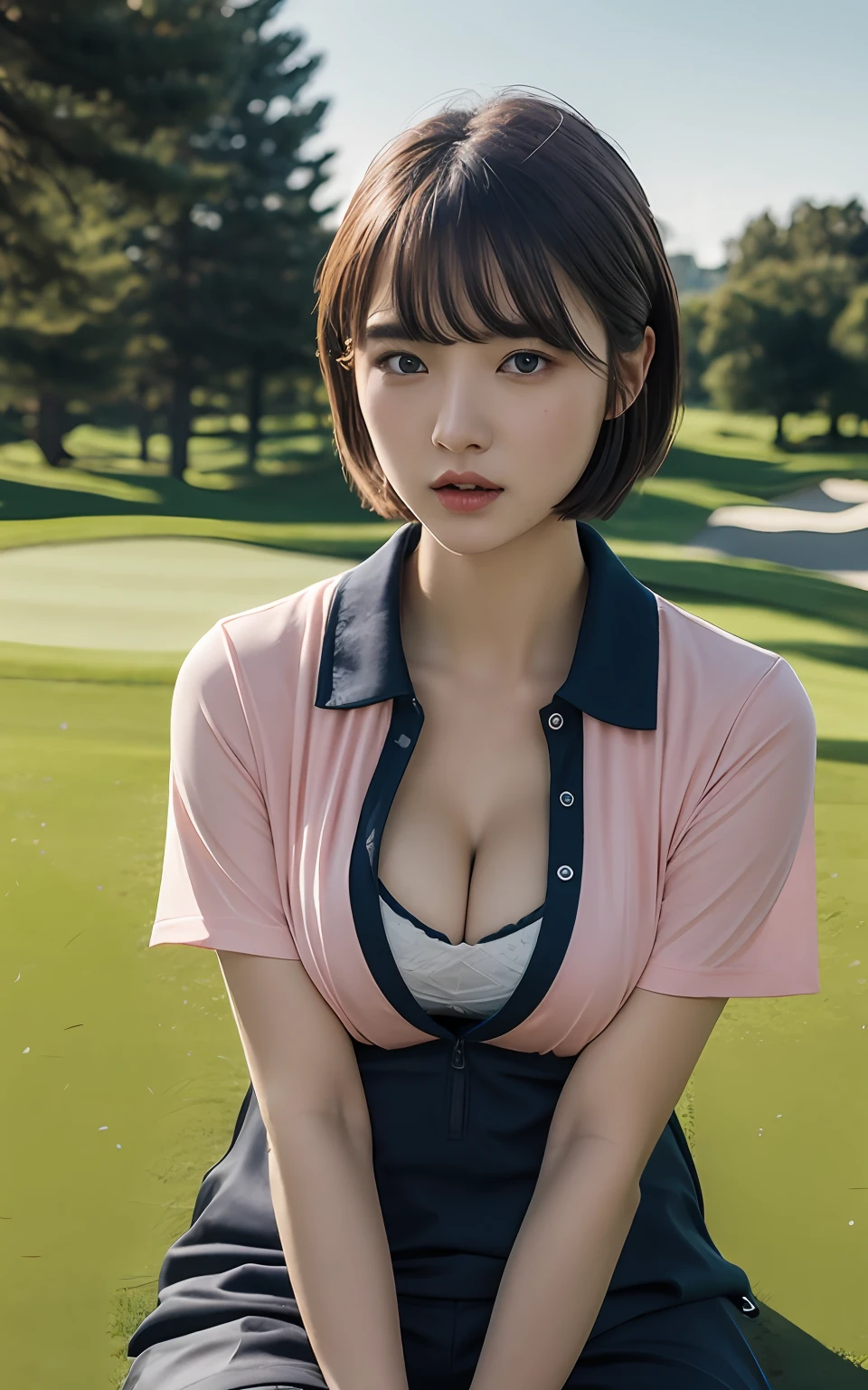 Highly detailed CG Unity 8k wallpaper, With the highest quality, super detailed, master piece, Realistic, photos realistic, extremely detailed cute girl, 25 years old, (Golf Wear) , blush , Round eyes, medium breasts , cleavage, looking viewer, Half body shot , Golf Course , Sitting , Short hair