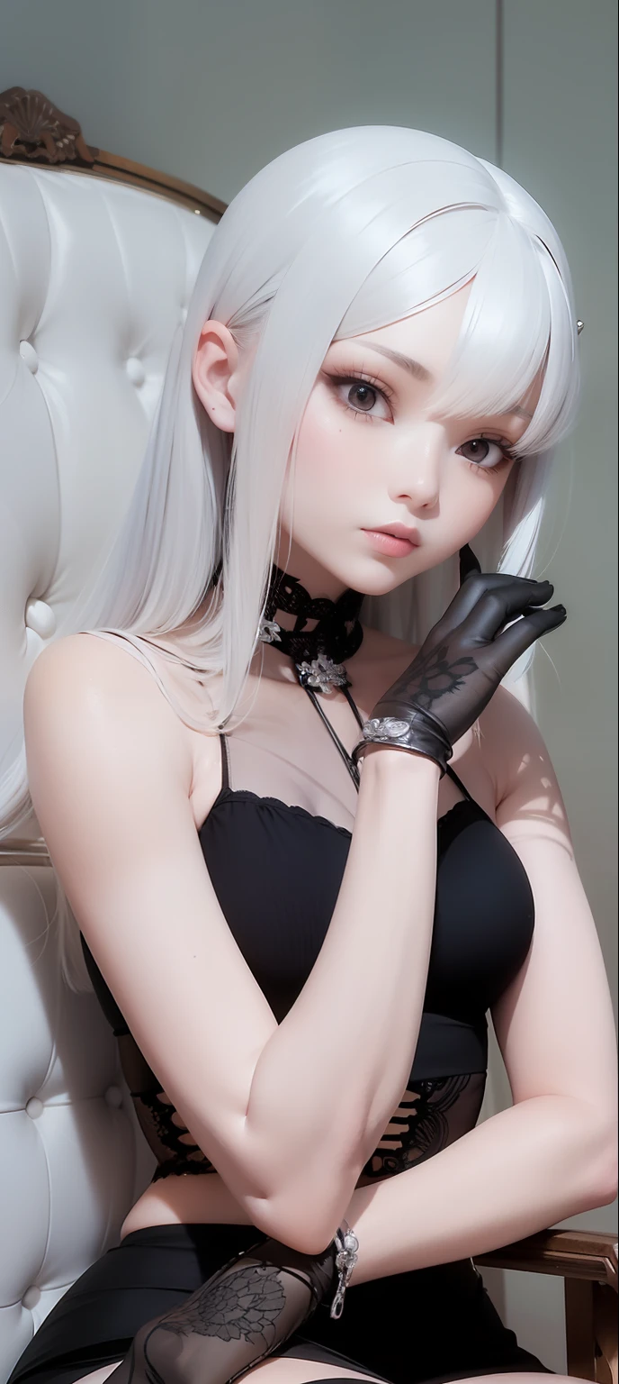 There was a woman with long hair and gloves sitting in a chair, Two-tailed white_Gift, Elegant and beautiful pose, inspired by Sim Sa-jeong, 3D style anime, highly detailed anime, lacey accessories, ( ( deep black eyes ) ), highly detailed whole body, Dark sexy style, Elegant Gothic princess, elegant glamor pose