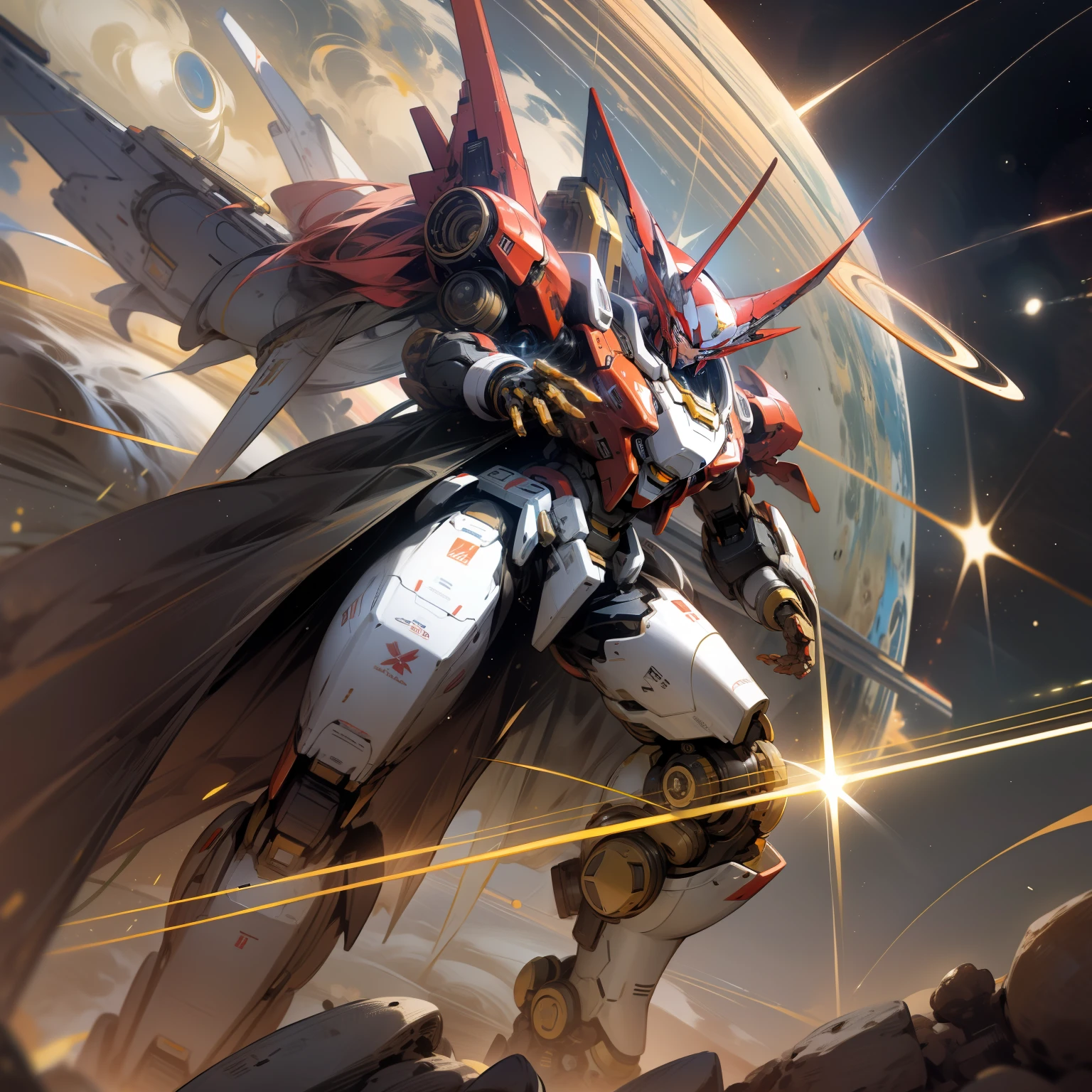 red mecha, with yellow stars, in a space, crossing the stars, saturn in the background, imerse in the space, 4k, masterpiece