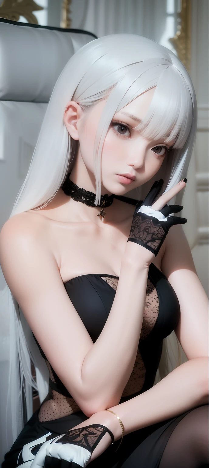 There was a woman with long hair and gloves sitting in a chair, Two-tailed white_Gift, Elegant and beautiful pose, inspired by Sim Sa-jeong, 3D style anime, highly detailed anime, lacey accessories, ( ( deep black eyes ) ), highly detailed whole body, Dark sexy style, Elegant Gothic princess, elegant glamor pose