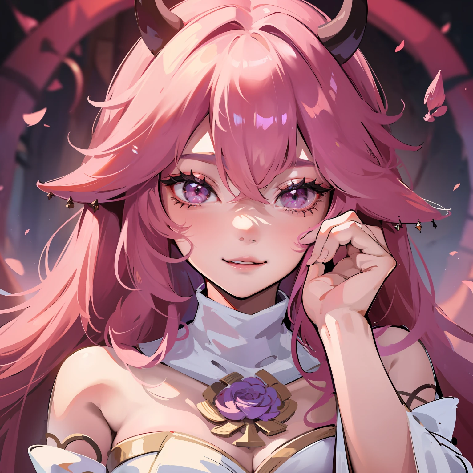 A female milf demon with demonic horns in the same light skin tone wearing a wet wedding dress, (skin tone demonic horns)), cabelo de rapunzel cor-de-rosa extremamente longo, ((Cabelo de rapunzel cor-de-rosa)), corpo volumoso com seios e busto enormes, ((seio e busto enormes)), sorriso malicioso olhando para os espectadores ;, destaque no corpo, Pose sexy, Pose sexualizada ;, Moda realista, sysie high definition details, fotografia, perspicacity, unique 850 4, Koda850 k portrait camera, Primavera F1.6, cores ricas, Textura super realista, textura de luz espetacular, arte surreal, Cinestil 800 mecanismo de moda.