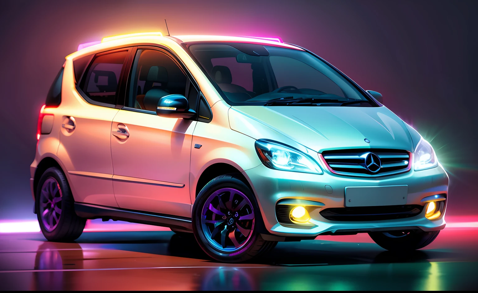 cores neon colorido brilhante, fundo neon, noite neon, um close up de um carroro prateado em um fundo branco, SLR, foto foto, Mercedes, final dos anos 2000, Mercedez Benz, taxis, miniatura, perfil frontal, renderizado, vista completa de um carroro,"Mercedes-benz Classe A 190, A 190 webmotors, Mercedes-benz , ultra detalhado, cores vibrantes, raios cinza e luzes neon extremamente brilhosos, Mercedes-benz Classe A 190, moderno e futurista."