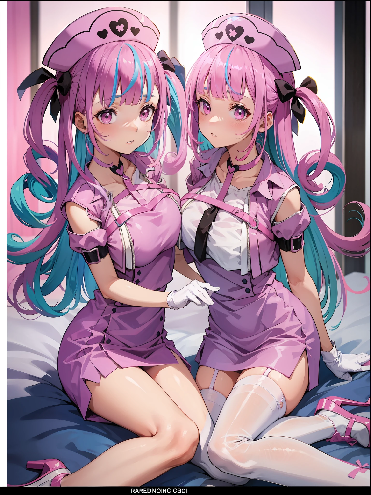 Pink nurse hat，blue hairs，Pink nurse's uniform，White gloves，Blue stockings，pink high heels