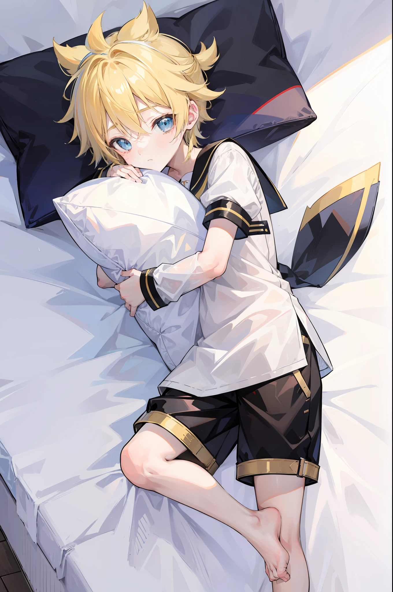 best quality, ultra precision, (one boy), (Len_Kagamine), cute, cool, blond hair, shota, handsome, cowlick, sailor uniform, black short pants, slender,  your cute boyfriend, innocent, boy model, boy is cute like a girl, on bed, lying on bed, sleep peacefully, close boy's eyes, boy is sleeping well, hugging pillow, full body, lovely, sleepy, boy has unconscious sex appeal, you secretly want to rape boy, vague consciousness, boy adore you, boy love you