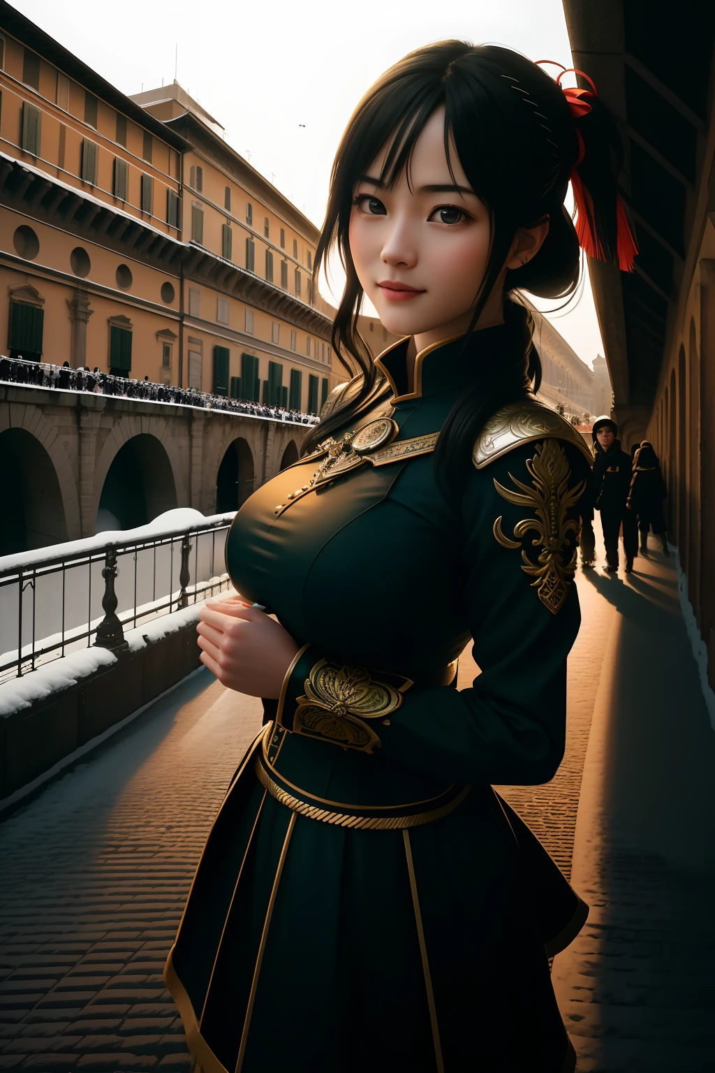 Best quality, 超高分辨率, Detailed face, Realistic face,RAW photo,2girls,duo,navel,(Castel Sant'Angelo in Rome,crowd,winter,Snow),(cheerful big breasts, Energetic, cheerfulness:1.4), Green eyes, Small hairpins for ladybugs,
(hdr:1.4), Dramatic, the complex background, Cinematic, cinematic ligh, (rootkowski, art stations:0.8),
insanely details, Intricate details, ultra - detailed, Low contrast, Soft cinematic light, exposure blend, hdr ,